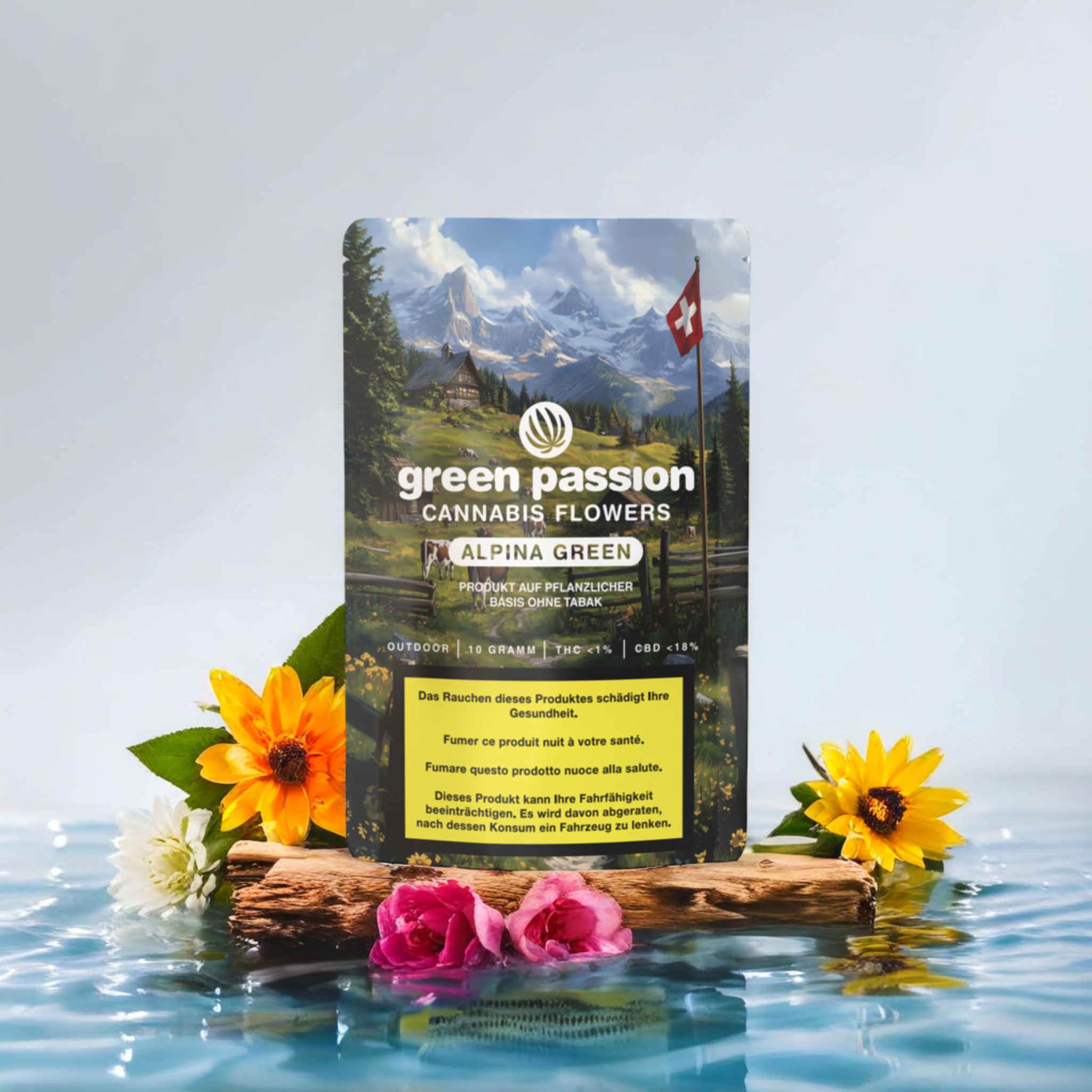 Fleurs de CBD Alpina Green outdoor – Fleurs suisses outdoor de haute qualité dans un emballage écologique au design alpin.