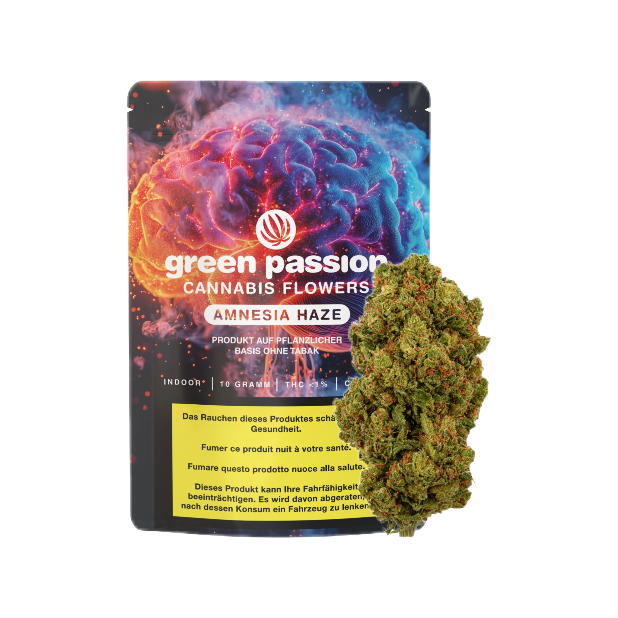 Amnesia Haze CBD Blüten von Green Passion – Premium Schweizer Indoor-Cannabis mit dichten, harzigen Buds, abgebildet mit markanter Verpackung.