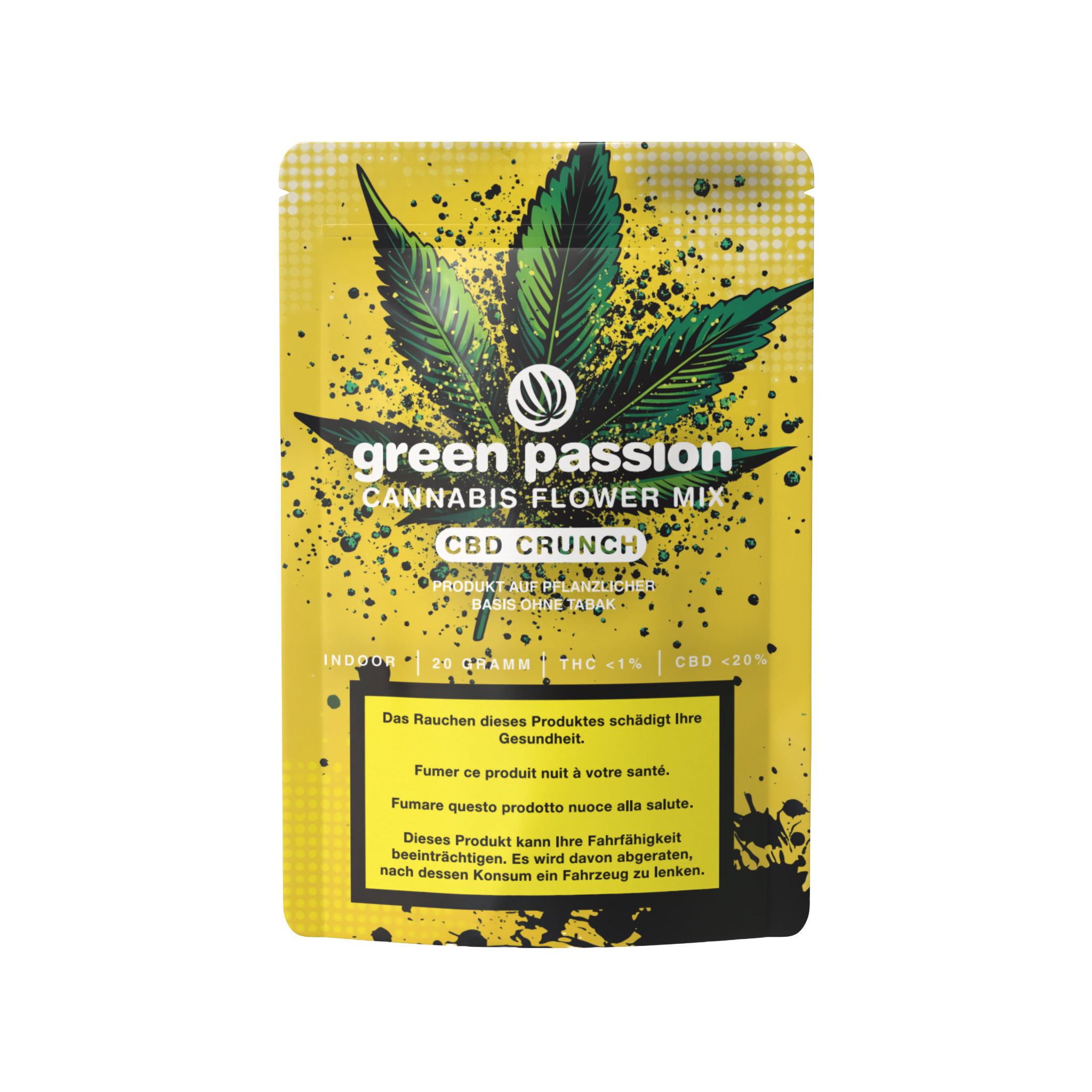 Emballage jaune de CBD Crunch Mélange de Fleurs avec un design de feuille de cannabis et un avertissement sanitaire, produit sans tabac, THC <1 %, CBD <20 %.