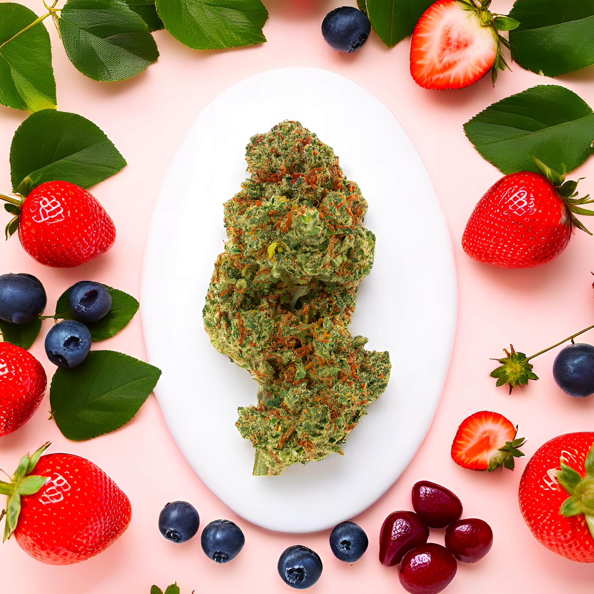 Nahaufnahme der Fruit Punch CBD Blüten von Green Passion – kunstvoll inszeniert mit tropischen Früchten und lebhaften Farben für ein einzigartiges Geschmackserlebnis.