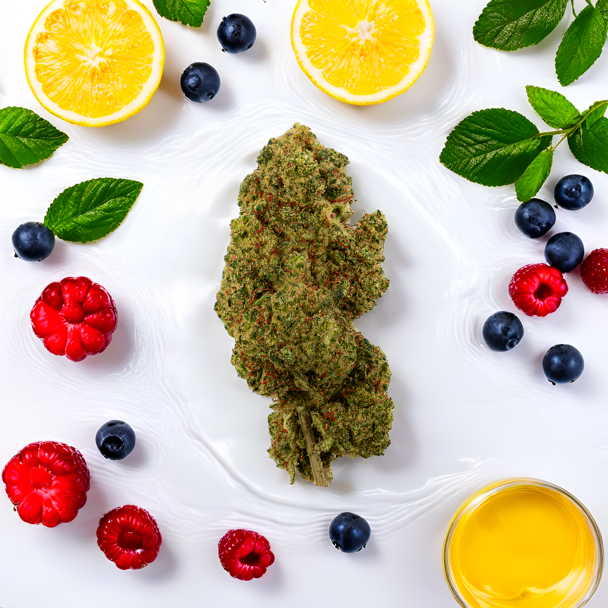Gros plan sur les fleurs de CBD Lemon Passion de Green Passion – mises en scène avec des citrons, des baies et des feuilles de menthe pour un profil terpénique rafraîchissant.