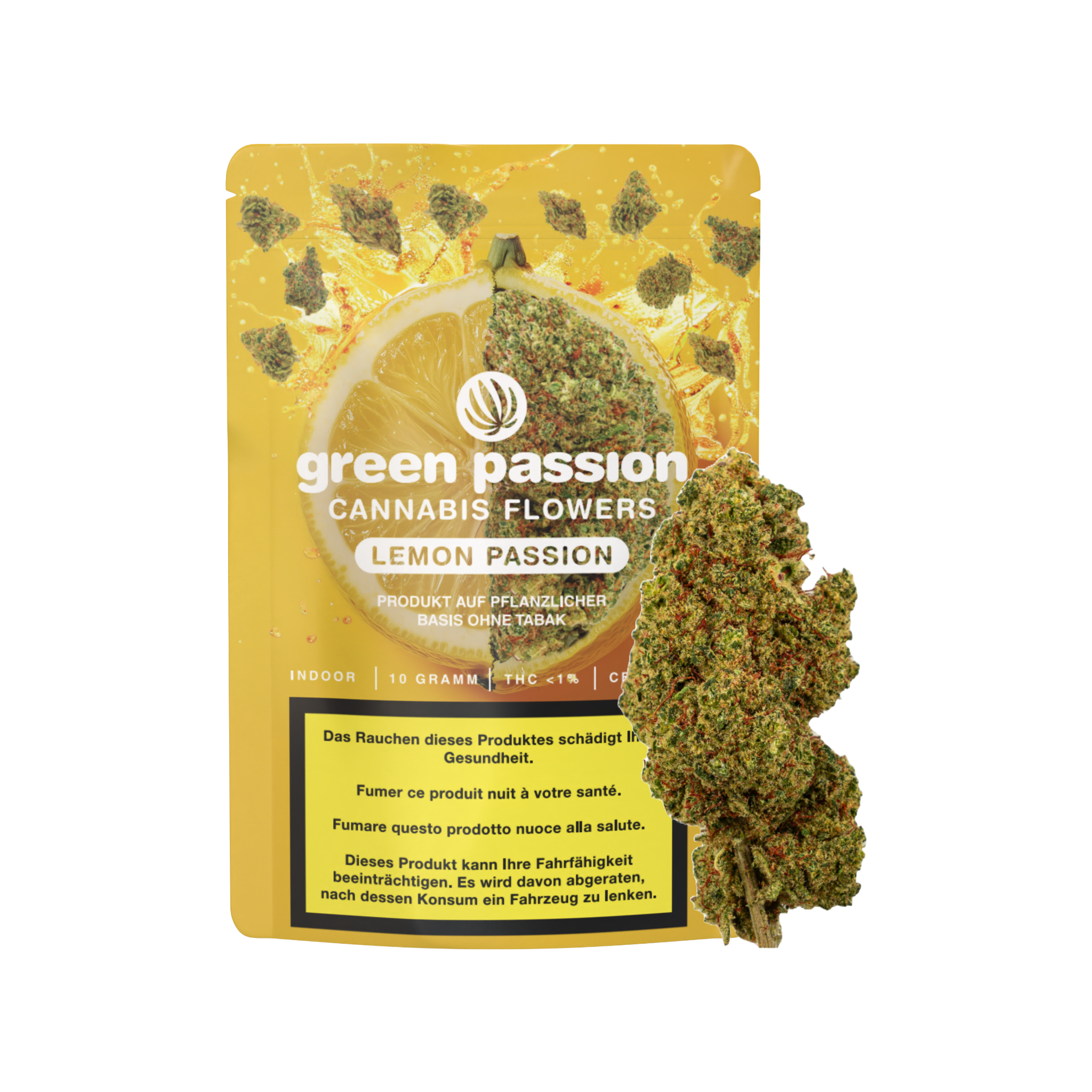 Lemon Passion Fleurs de CBD de Green Passion – fleurs indoor suisses de haute qualité avec une note citronnée et fraîche, présentées avec un emballage élégant.