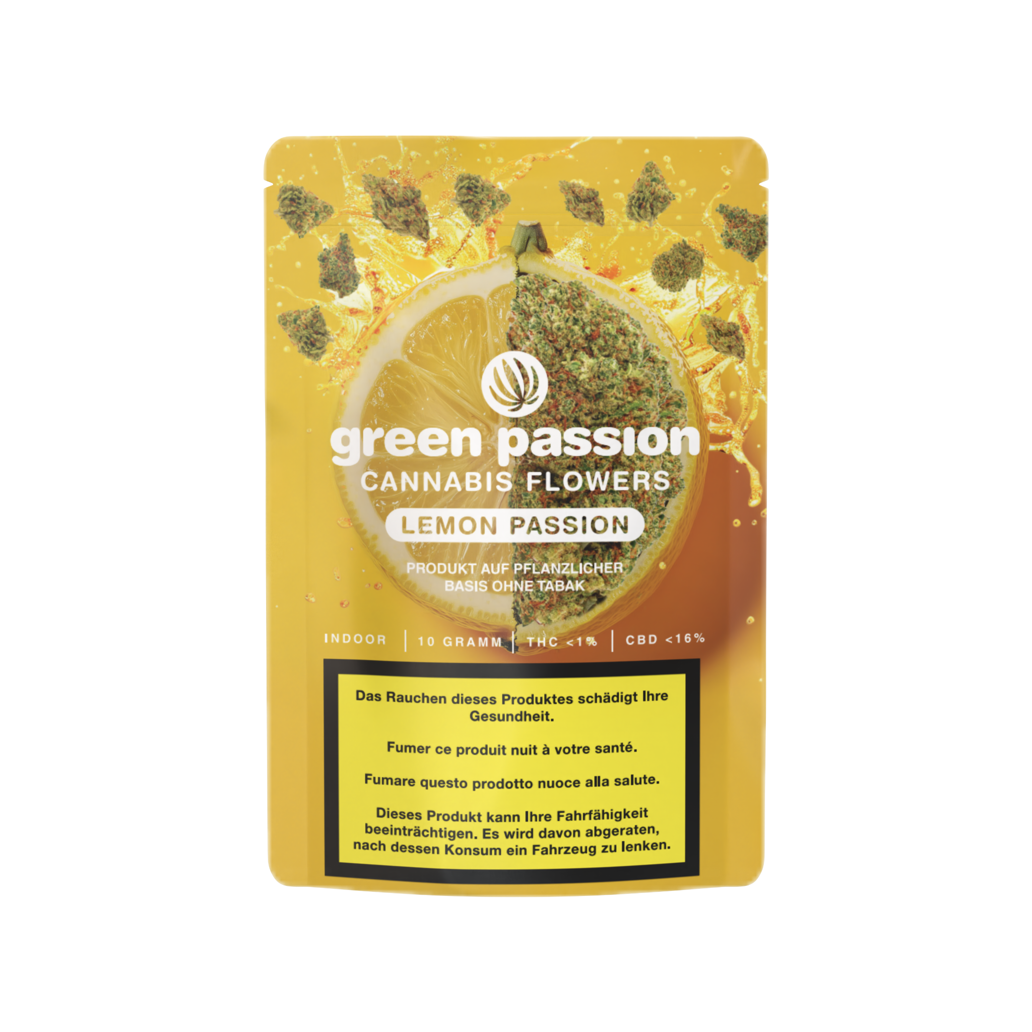 Lemon Passion Fleurs de CBD de Green Passion – emballage élégant au design ensoleillé, qualité indoor suisse avec un arôme fruité.
