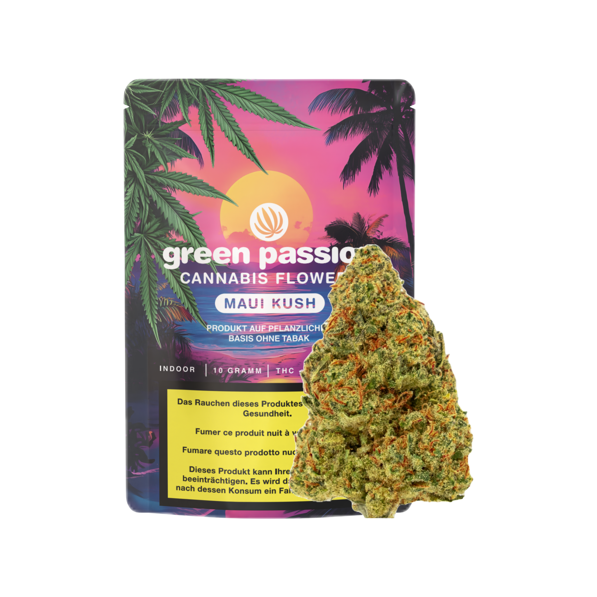 Maui Kush Fleurs de CBD Indoor – Fleurs de cannabis suisses de haute qualité avec un arôme tropical. Gros plan sur la fleur dense avec l'emballage. Green Passion Qualité premium pour les amateurs.