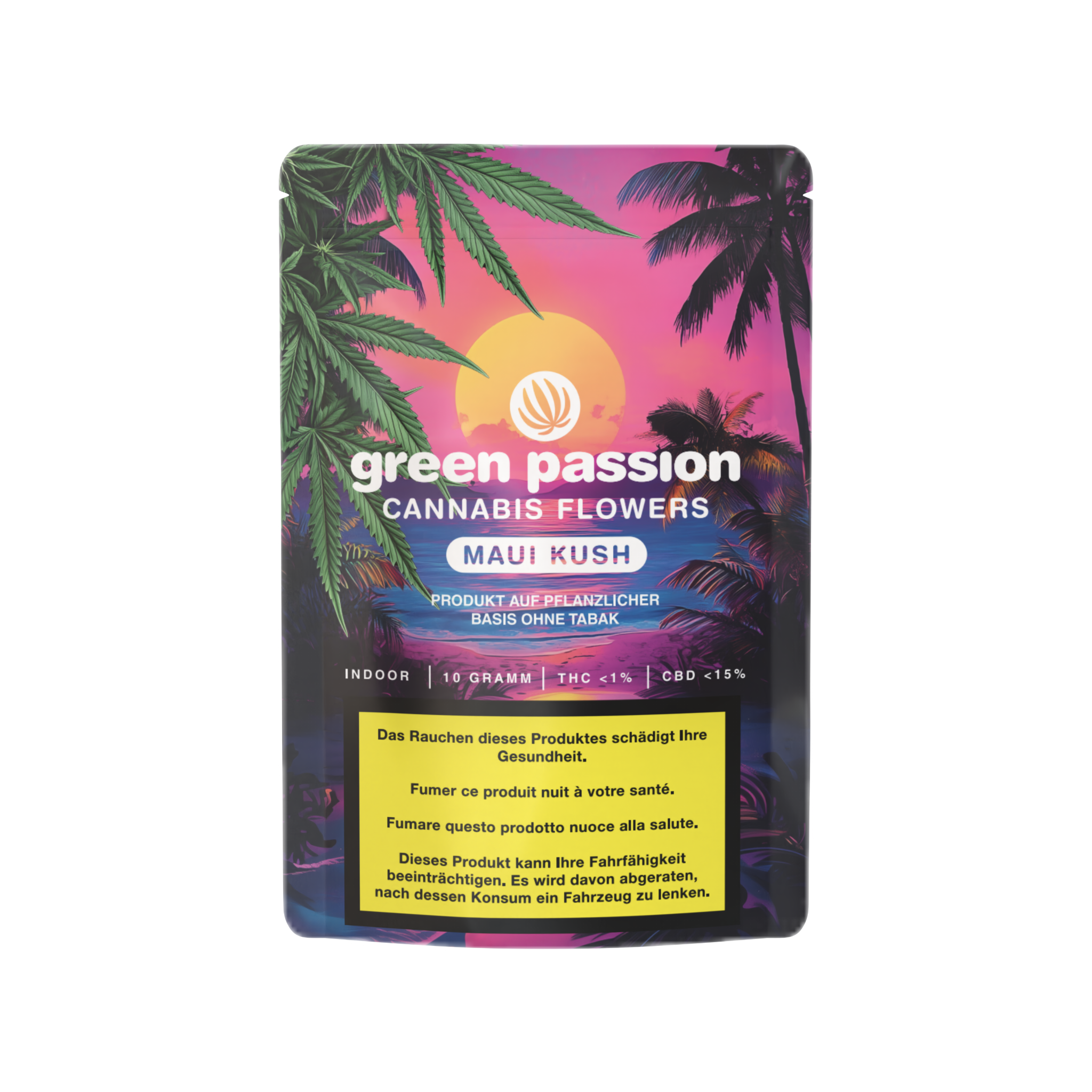 Maui Kush Fleurs de CBD – Fleurs de cannabis tropicales dans un emballage élégant et coloré au style hawaïen. Parfait pour les connaisseurs qui veulent profiter de chanvre suisse indoor de haute qualité. Green Passion Fleurs de CBD premium.