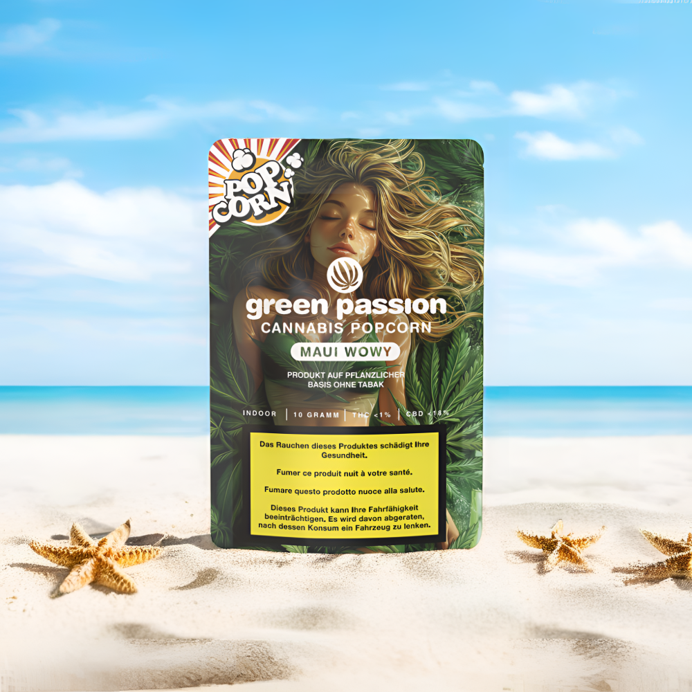 Green Passion Maui Wowy CBD Popcorn – Fleurs de cannabis de haute qualité issues de culture indoor suisse, présentées dans un mock-up élégant.