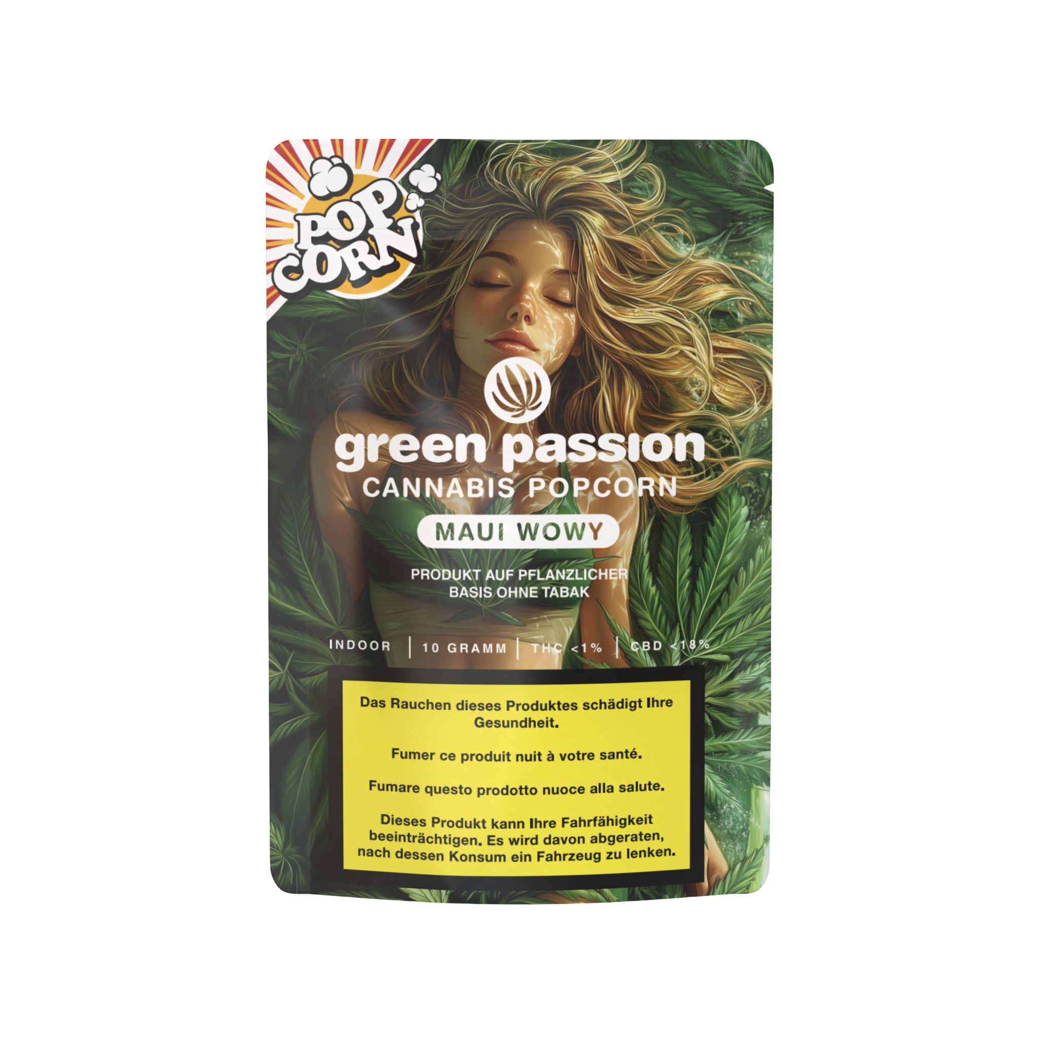 Green Passion Maui Wowy Popcorn – Fleurs de CBD suisses indoor dans un emballage pratique de 10g. Haute qualité avec moins de 1 % de THC pour une expérience douce.