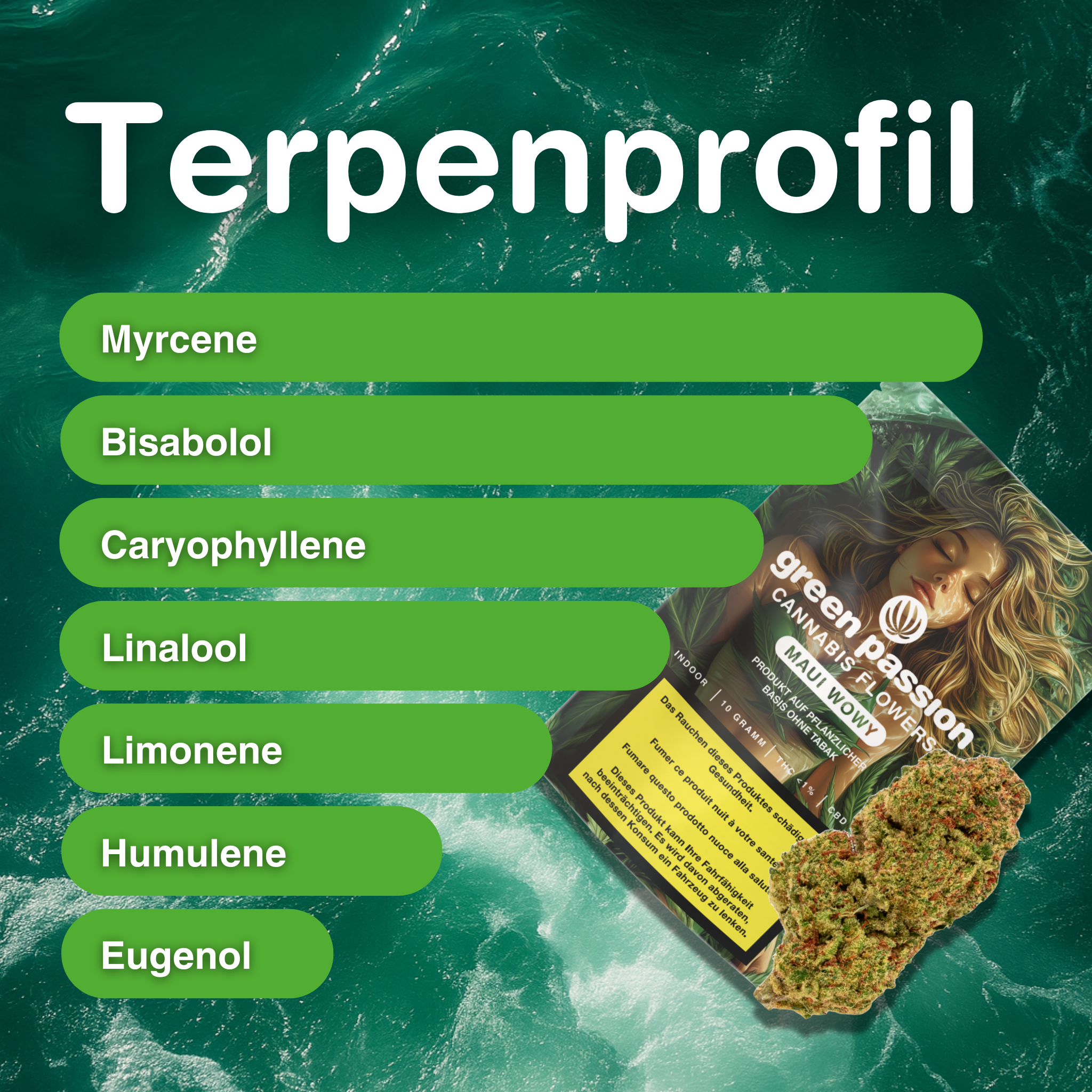 Terpenprofil von Maui Wowy CBD Blüten Indoor, mit Myrcene, Limonene und mehr, dargestellt auf einem Hintergrund mit Wasserwellen.