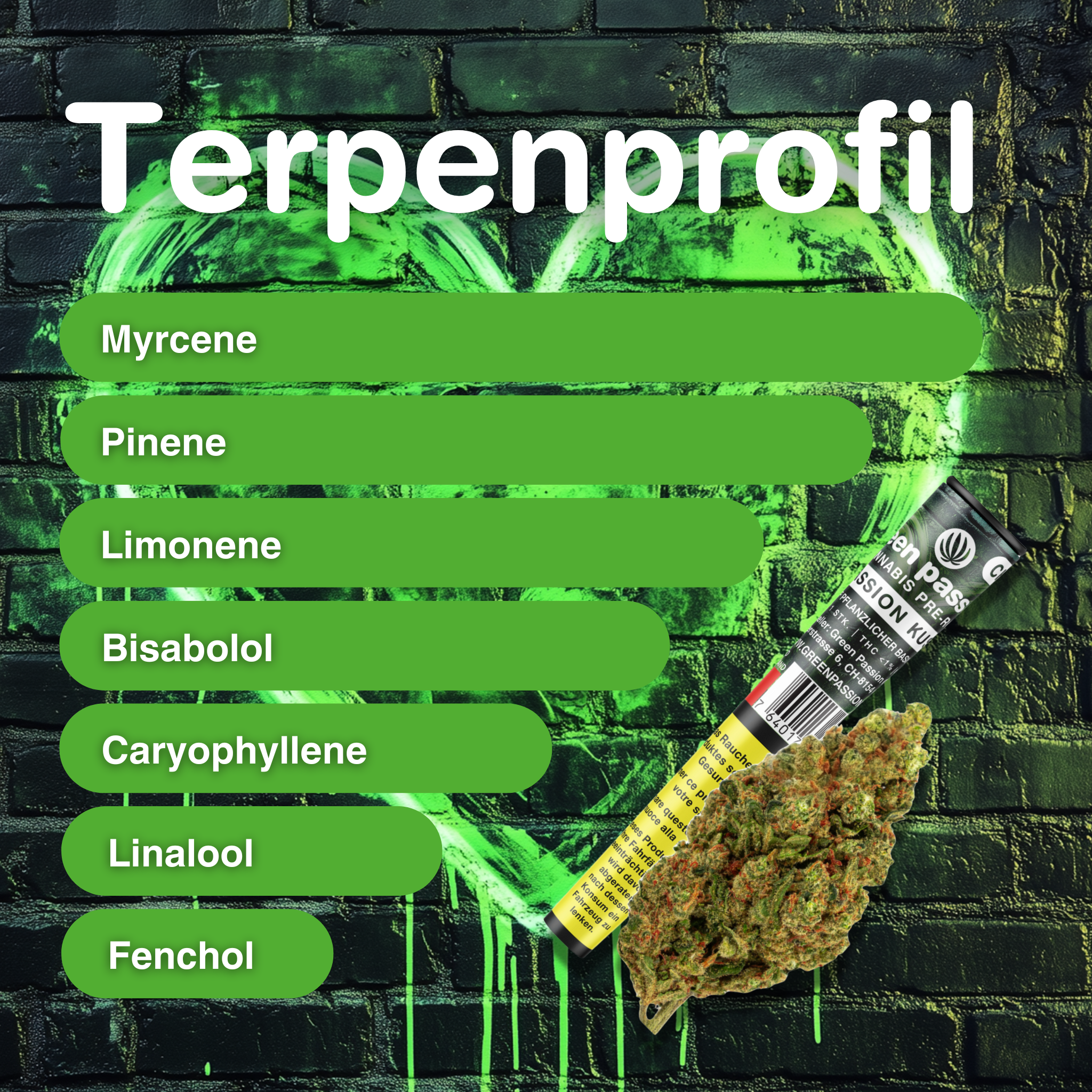 Passion Kush Pre-Rolls Bild zeigt Terpenprofil vor grüner Herz-Graffiti-Wand, mit CBD Joint Verpackung und Cannabisblüte im Vordergrund.
