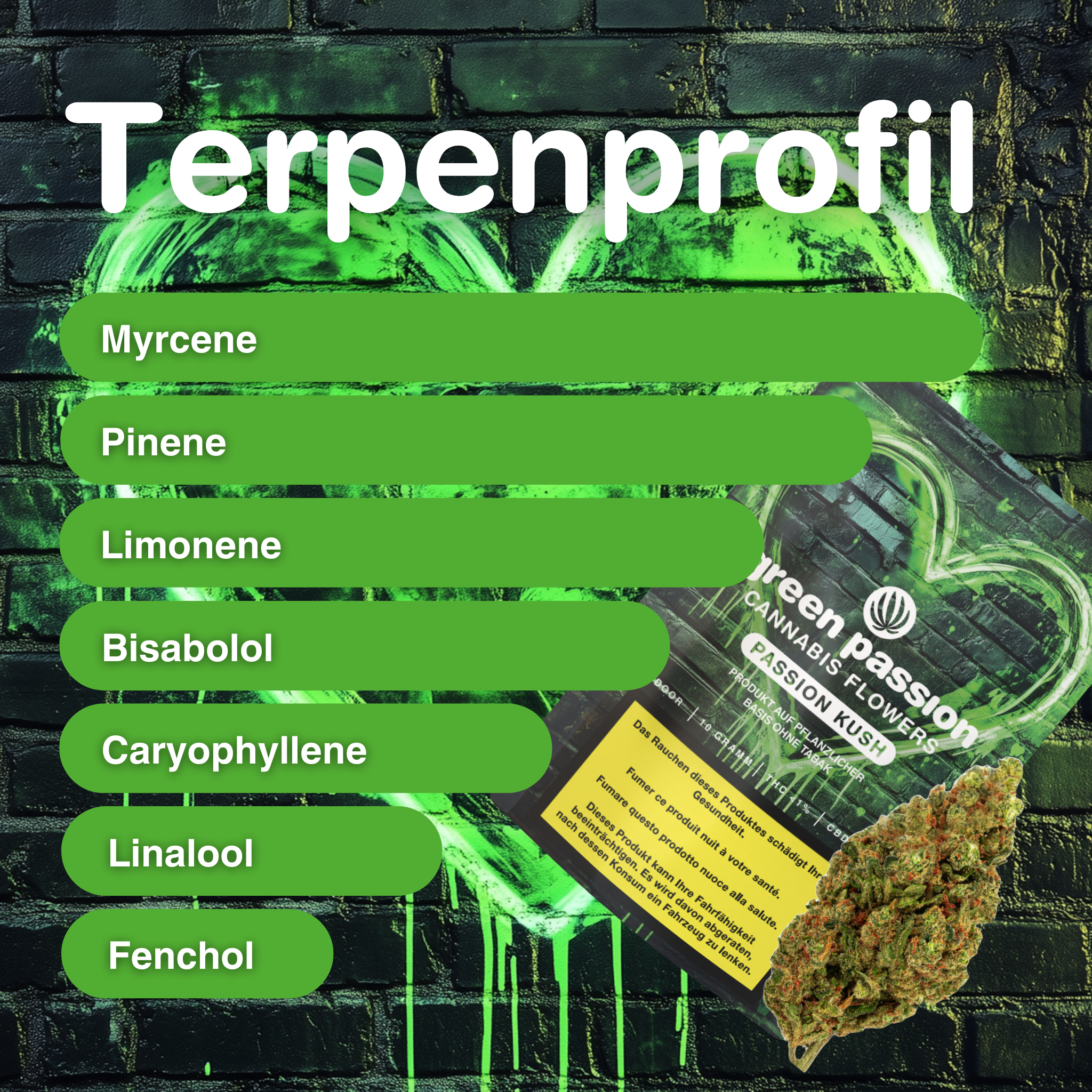 Passion Kush CBD Blüten Indoor vor grünem Graffiti-Hintergrund; Terpenprofil mit Myrcene, Pinene und mehr hervorgehoben.