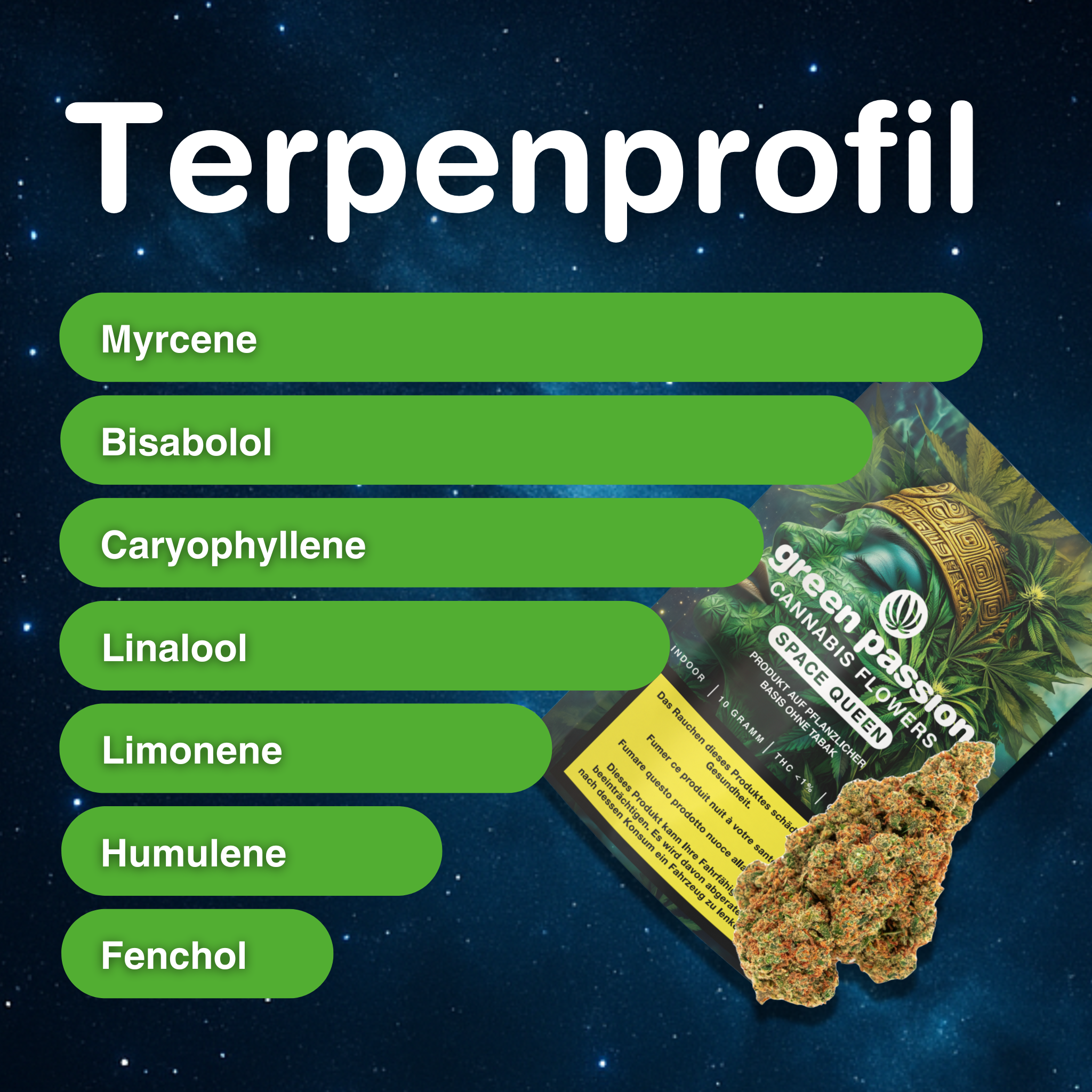 Emballage du Space Queen Fleurs de CBD Indoor devant un fond spatial, avec les informations sur le profil terpénique affichées sous forme de barres vertes.