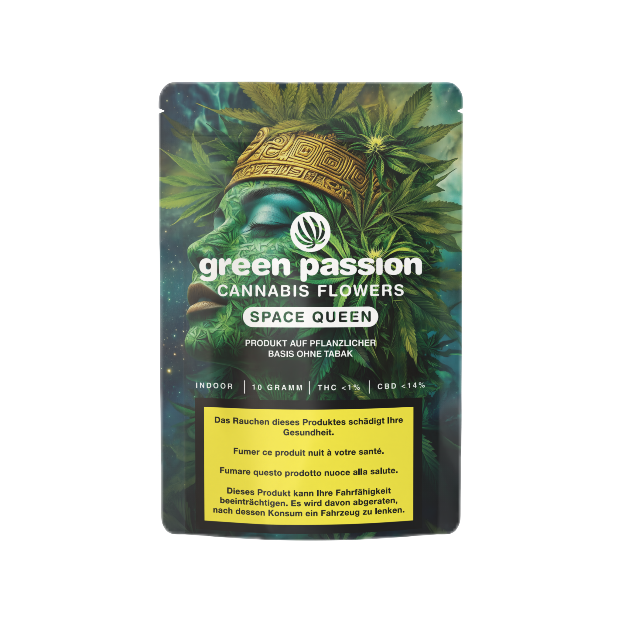 Space Queen Fleurs de CBD de Green Passion – fleurs de cannabis indoor au profil exotique. Packaging de 10g, design moderne et qualité premium.
