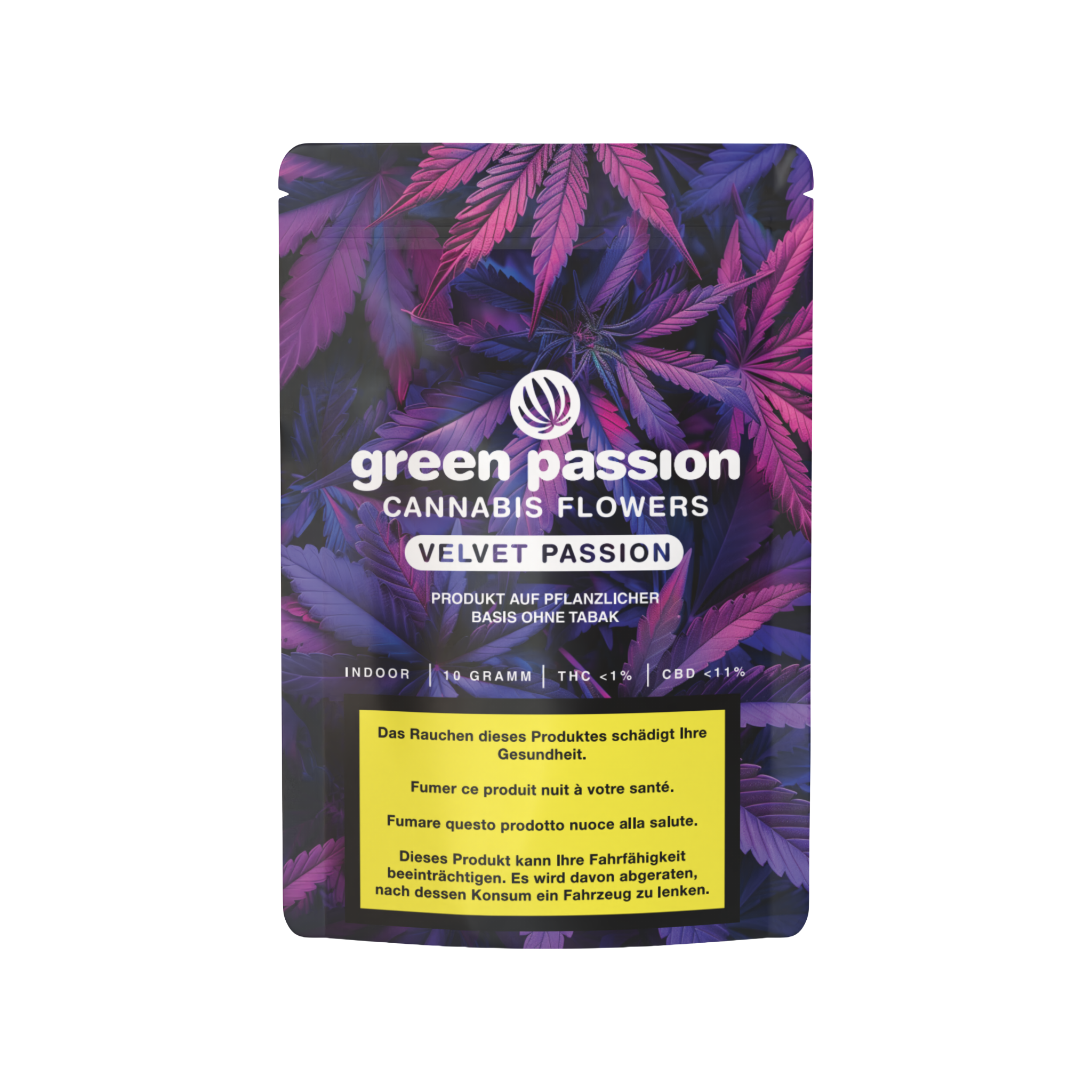 Emballage des fleurs de CBD Velvet Passion – Green Passion cannabis premium cultivé en intérieur en Suisse. Fleurs de haute qualité pour une expérience gustative maximale.