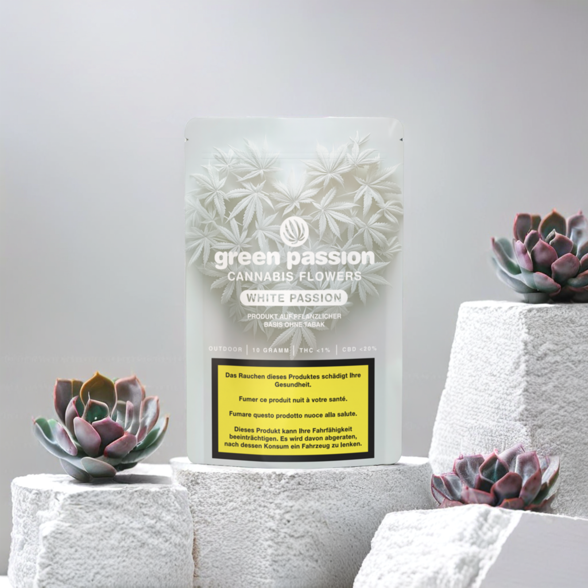 Emballage des fleurs de CBD outdoor White Passion de Green Passion – qualité outdoor supérieure issue d'une culture durable.