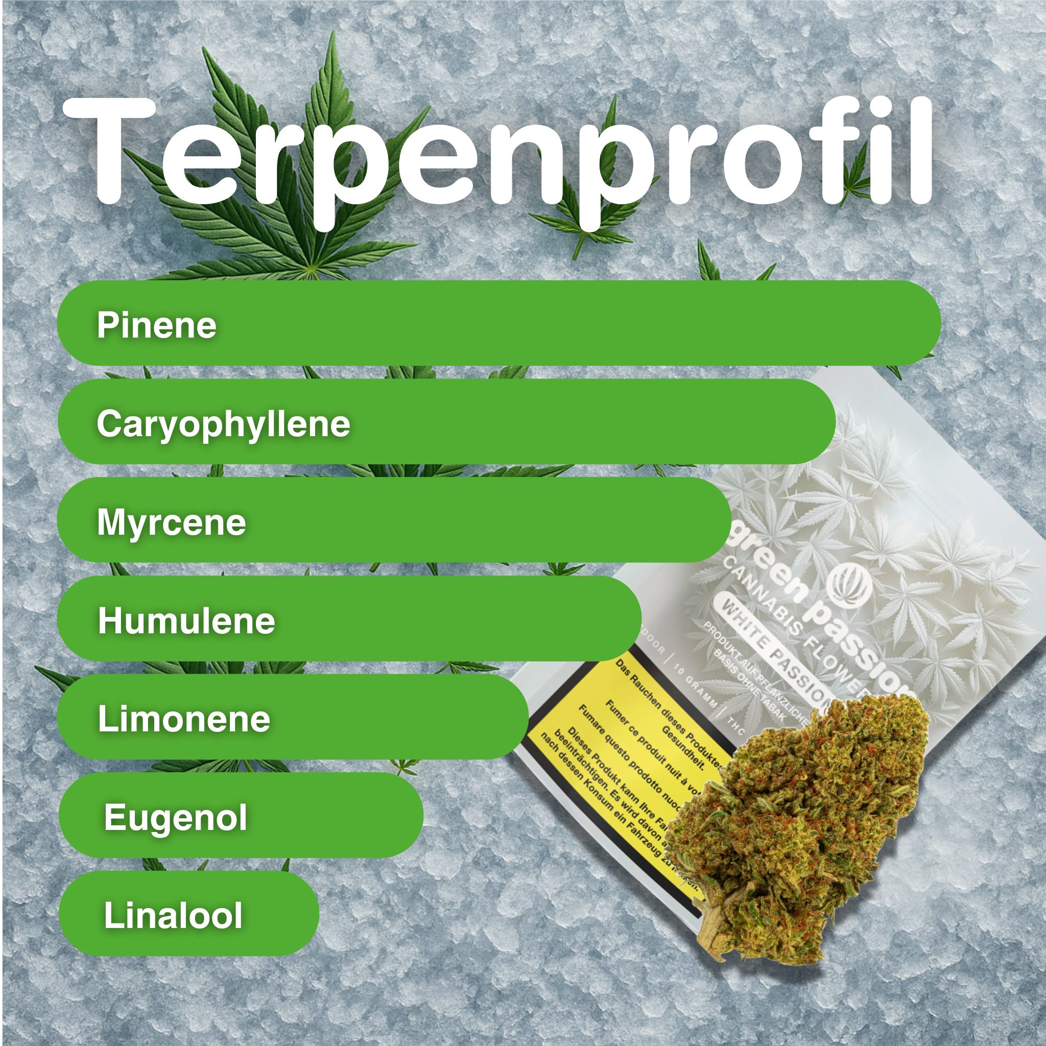 Emballage de fleurs de CBD White Passion outdoor sur un fond givré, entouré de feuilles de chanvre ; profil terpénique mis en avant.