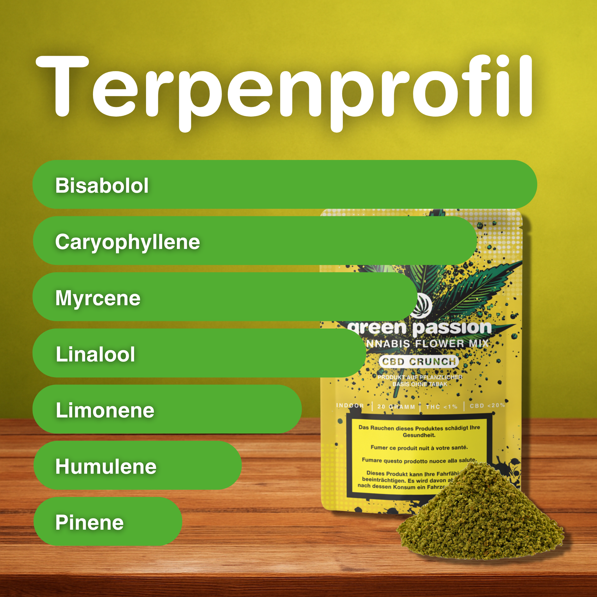 CBD Crunch Mélange de Fleurs avec un profil de terpènes : bisabolol, caryophyllène, myrcène, linalool. Emballage jaune et herbes sur fond en bois.