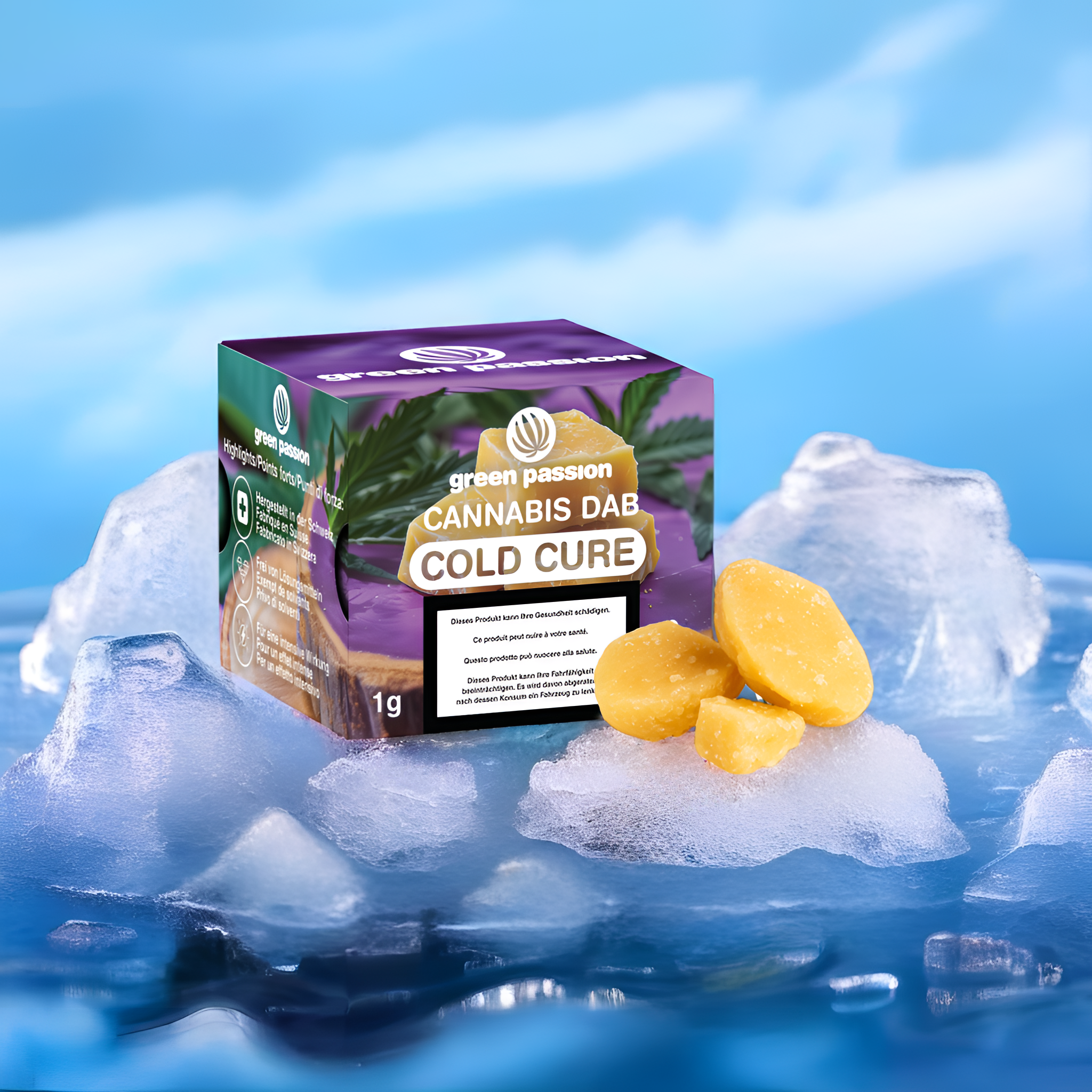 CBD Cold Cure dab avec emballage sur des glaçons, gros plan pour la présentation produit en ligne