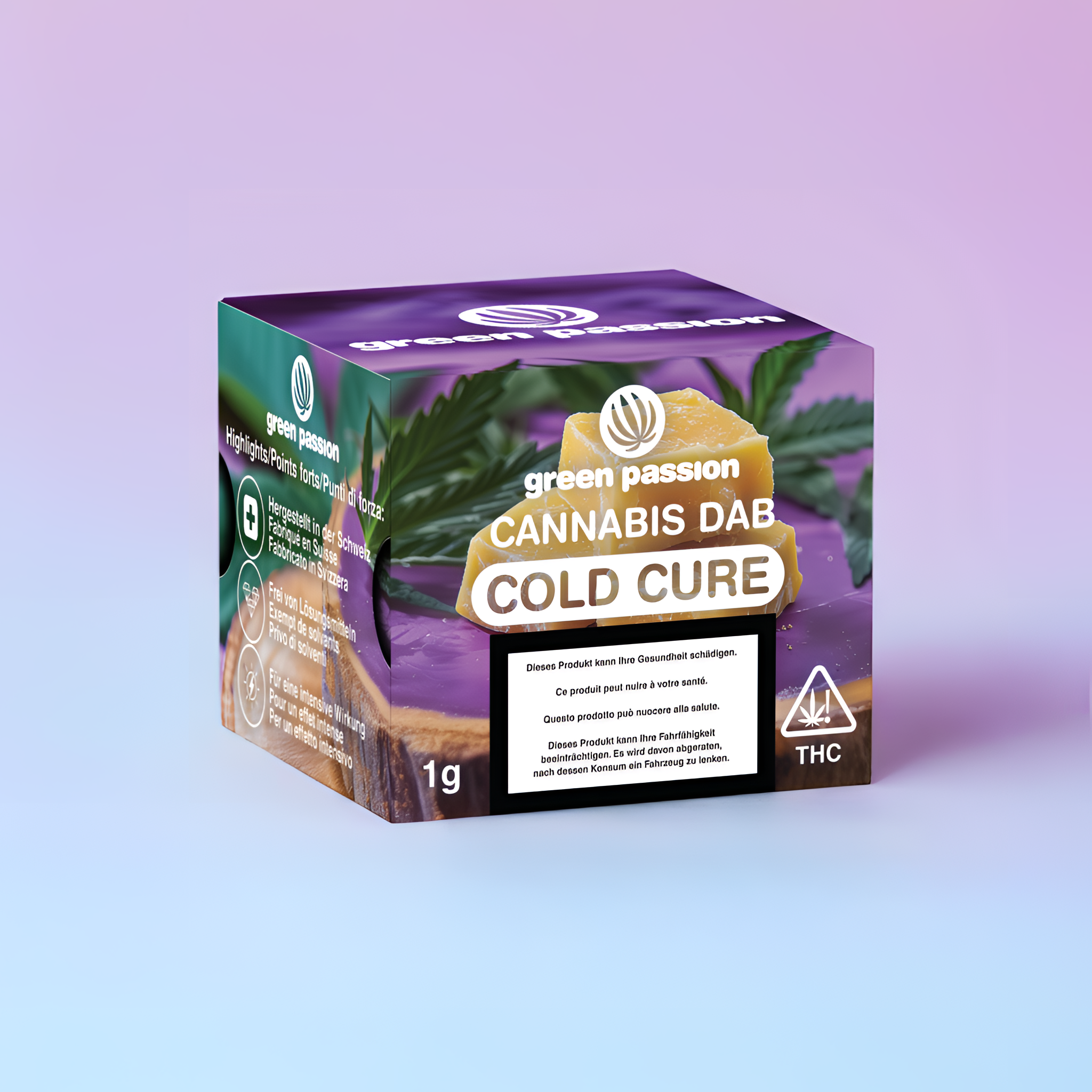 Green Passion Cold Cure Emballage de dab devant un fond violet-bleu, packshot pour utilisation e-commerce