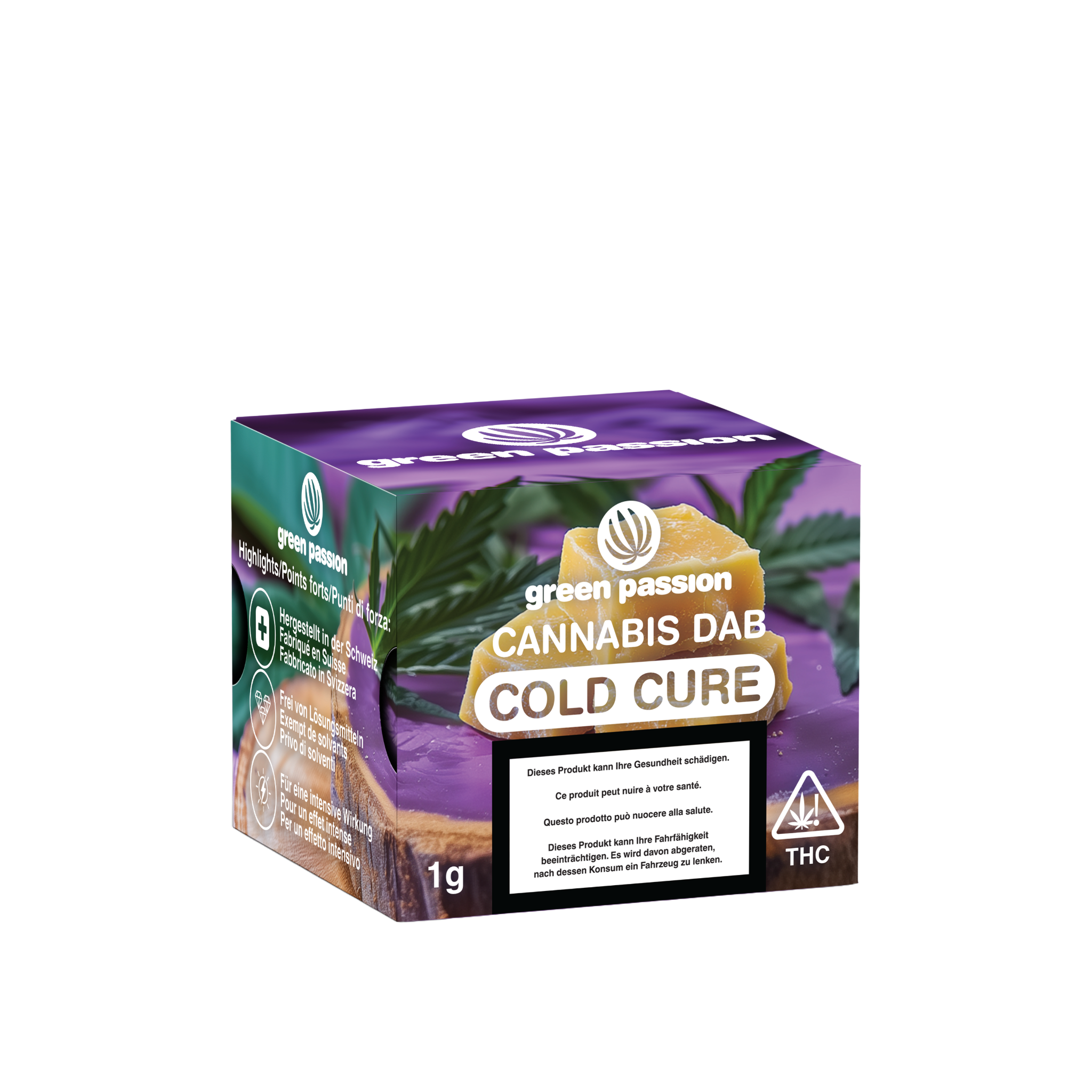 Pack de dabs CBD Cold Cure avec trois morceaux dorés sur fond transparent, photo produit Green Passion