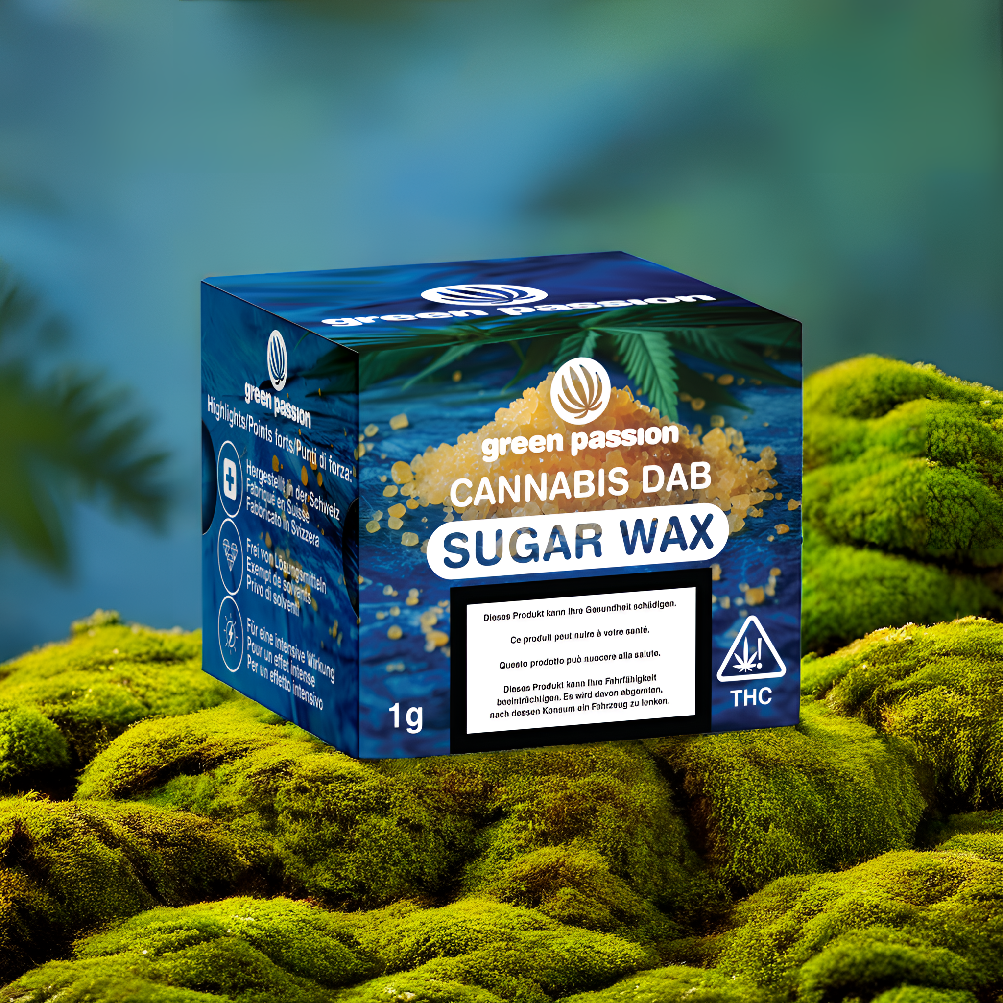 Emballage de Sugar Wax CBD Dab, 1g, sur de la mousse ; boîte bleue avec feuille de cannabis et informations sur le produit en plusieurs langues.