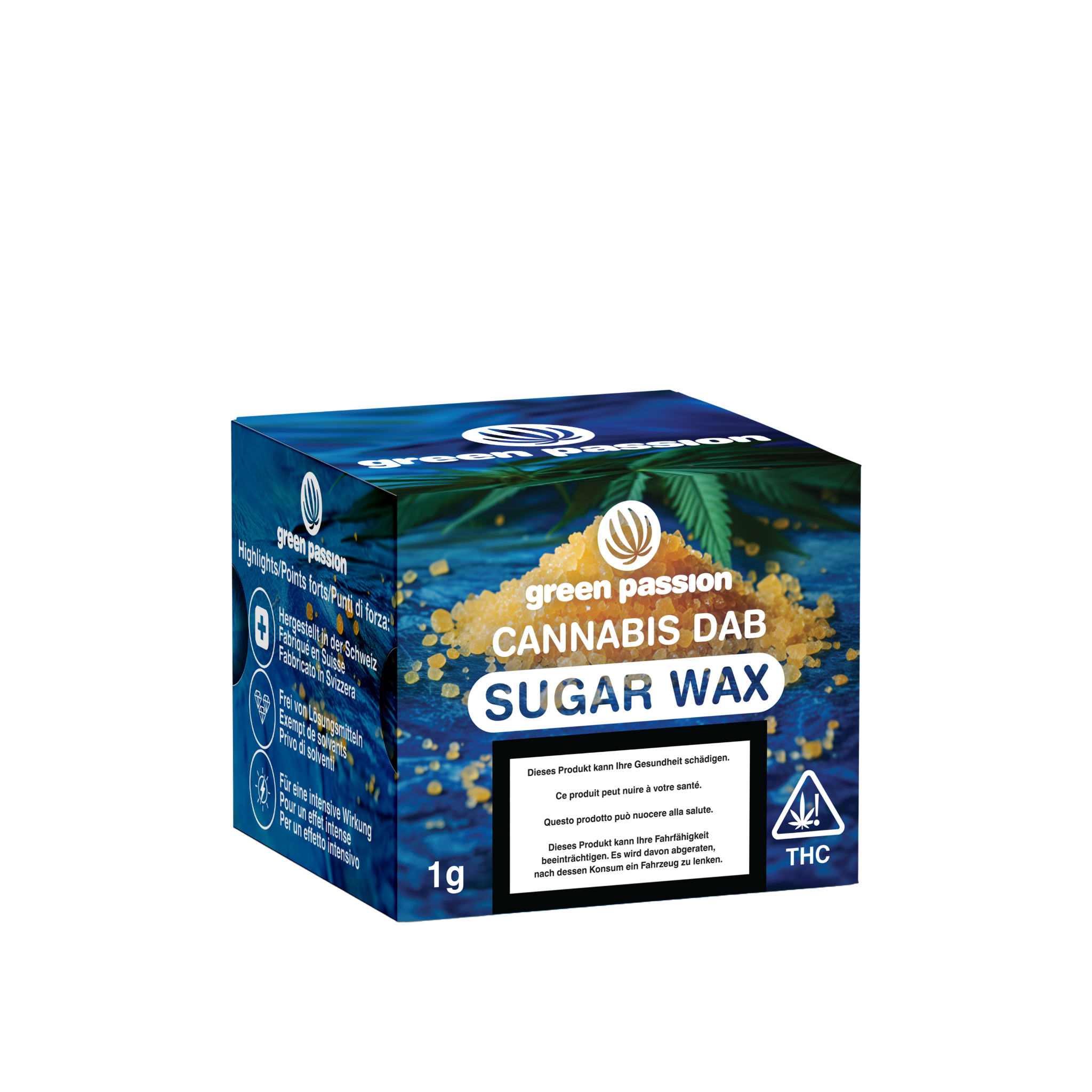 Emballage du produit CBD Sugar Wax, 1g, avec un design dab de cannabis, des couleurs bleues et vertes, et un avertissement sanitaire.