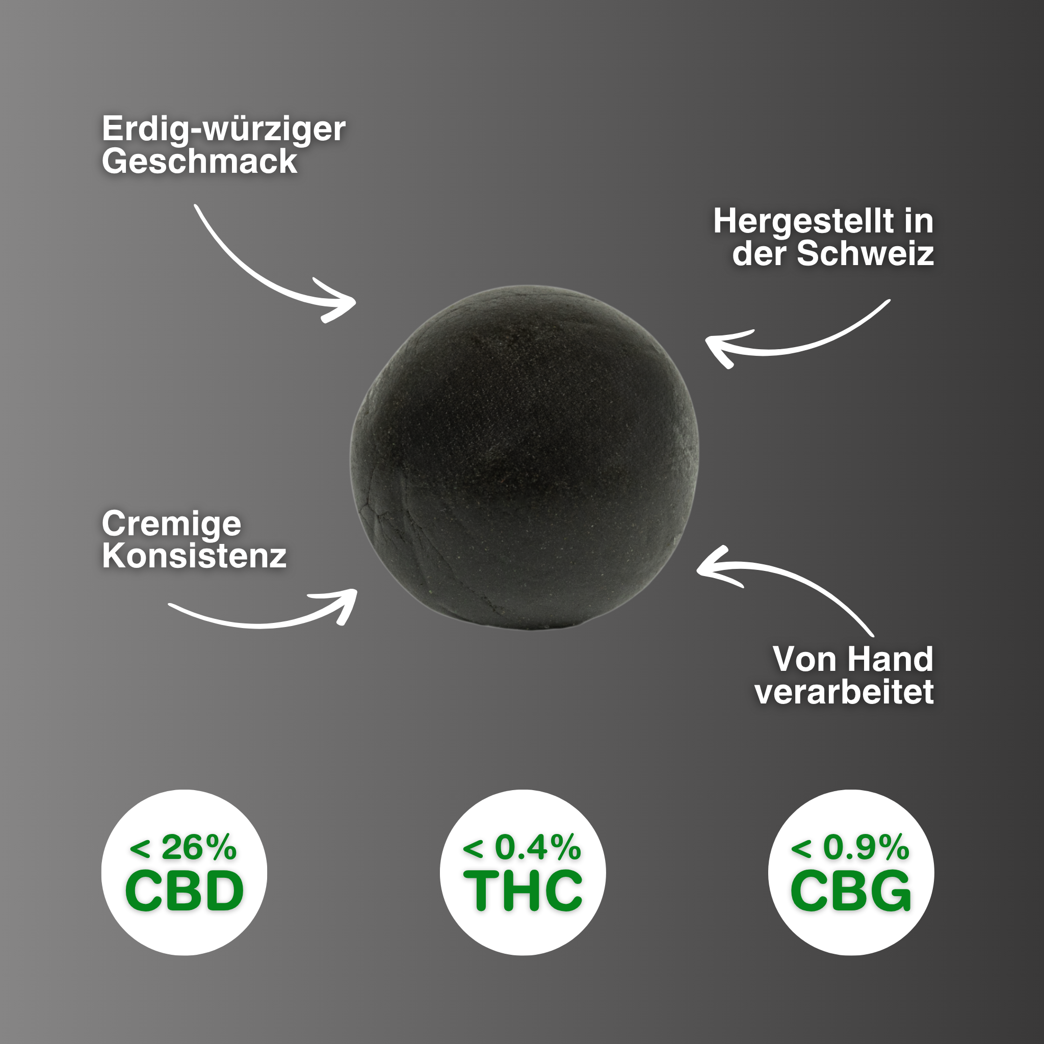 Schwarzer Ball aus Black Afghan CBD Hash mit cremiger Konsistenz und erdig-würzigem Geschmack, hergestellt in der Schweiz, handverarbeitet.