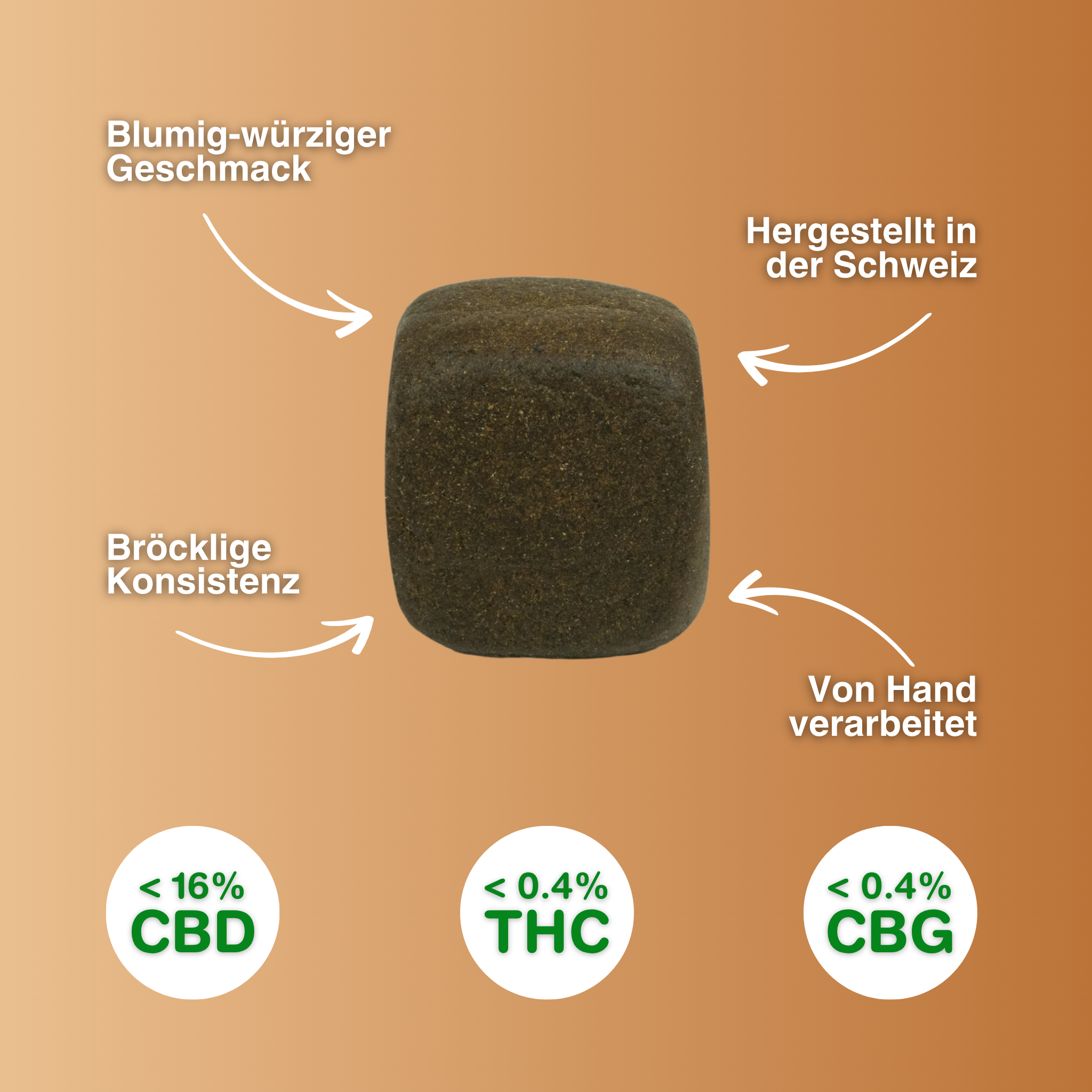 Golden Maroc CBD Hash Indoor: Dunkler, würfelförmiger Block mit blumigem Aroma, bröckeliger Konsistenz, handverarbeitet und in der Schweiz hergeste…