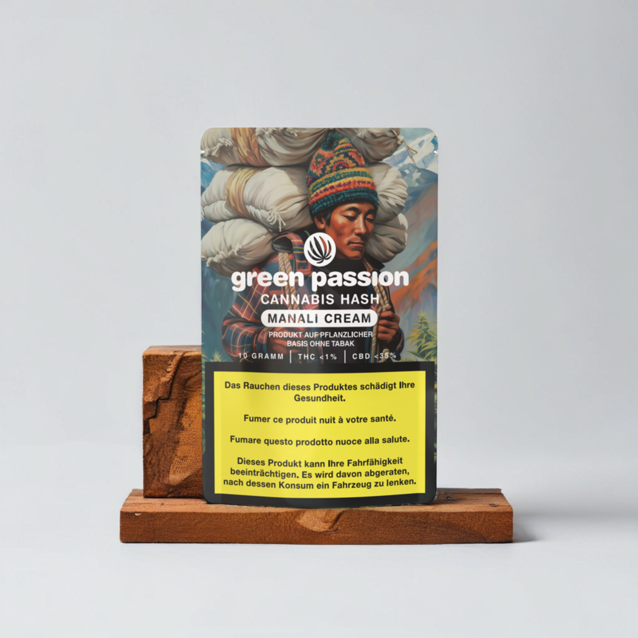Manali Cream CBD Hash de Green Passion – un packaging au design traditionnel et des ingrédients de qualité pour une expérience de hash authentique.