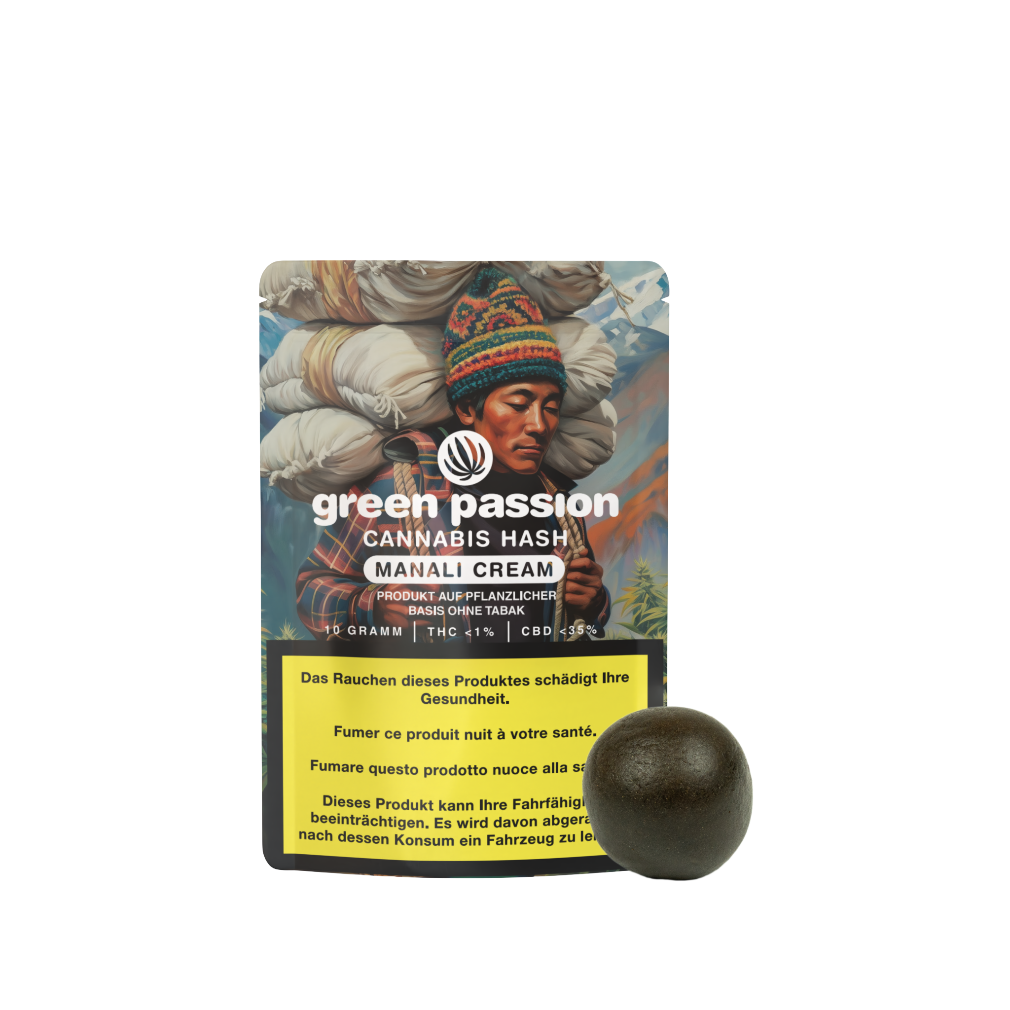 Manali Cream CBD Hash in der Green Passion Verpackung mit einem runden Hash-Stück. Premium-Qualität mit intensivem Aroma und traditioneller Textur.