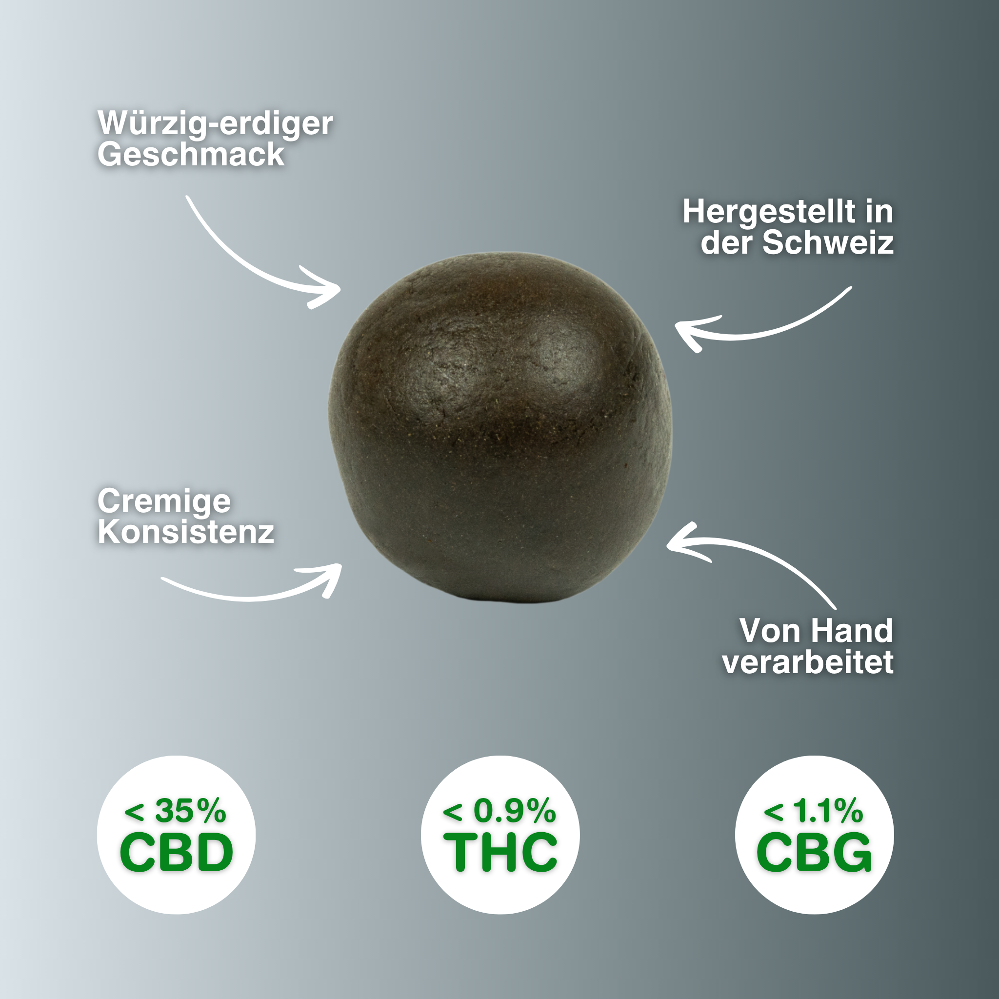 Dunkle, kugelförmige Manali Cream CBD Hash mit cremiger Konsistenz, handgefertigt in der Schweiz, unter 35% CBD, unter 0,9% THC.