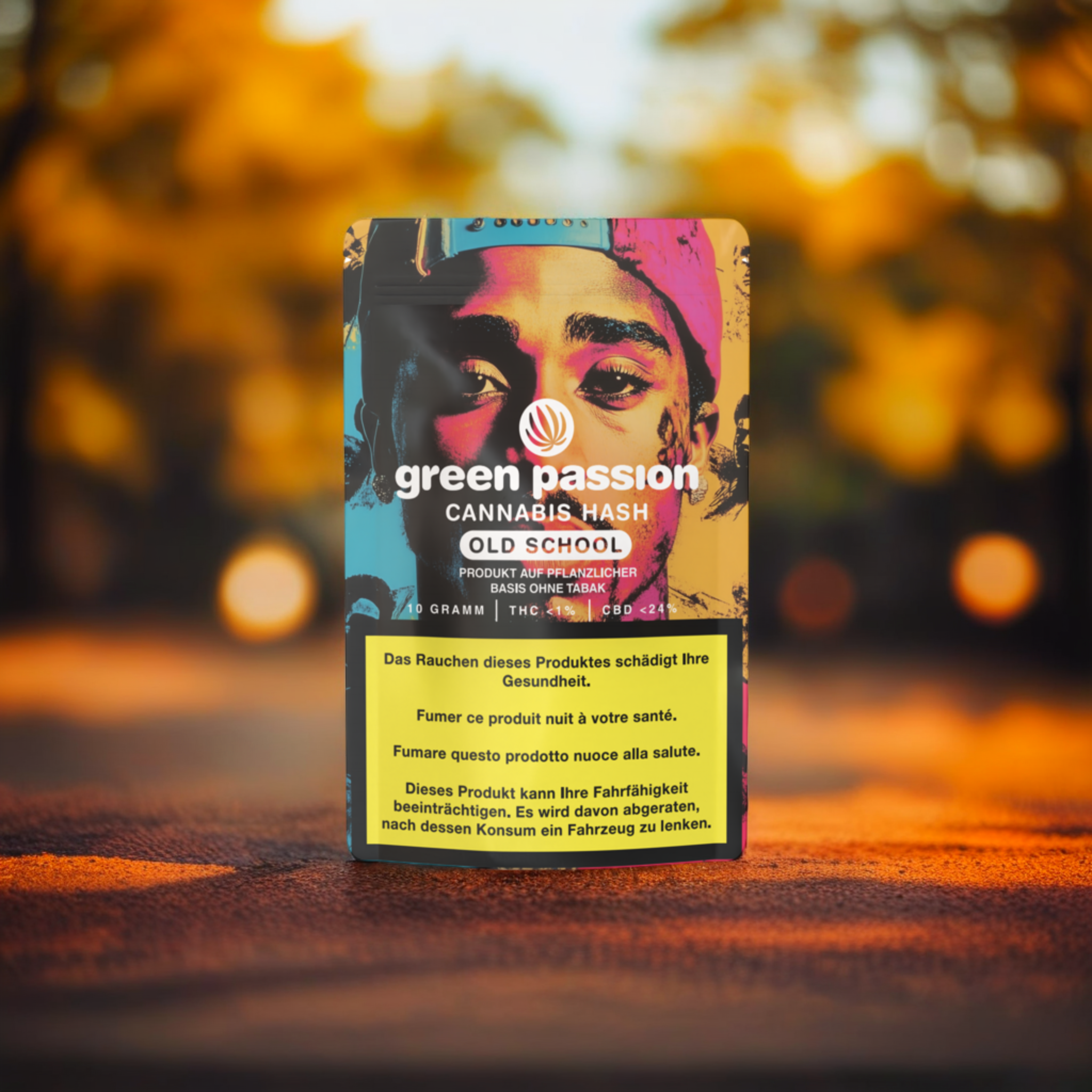 Green Passion Old School Hash – emballage stylé au design classique et hash CBD de première qualité pour les connaisseurs.