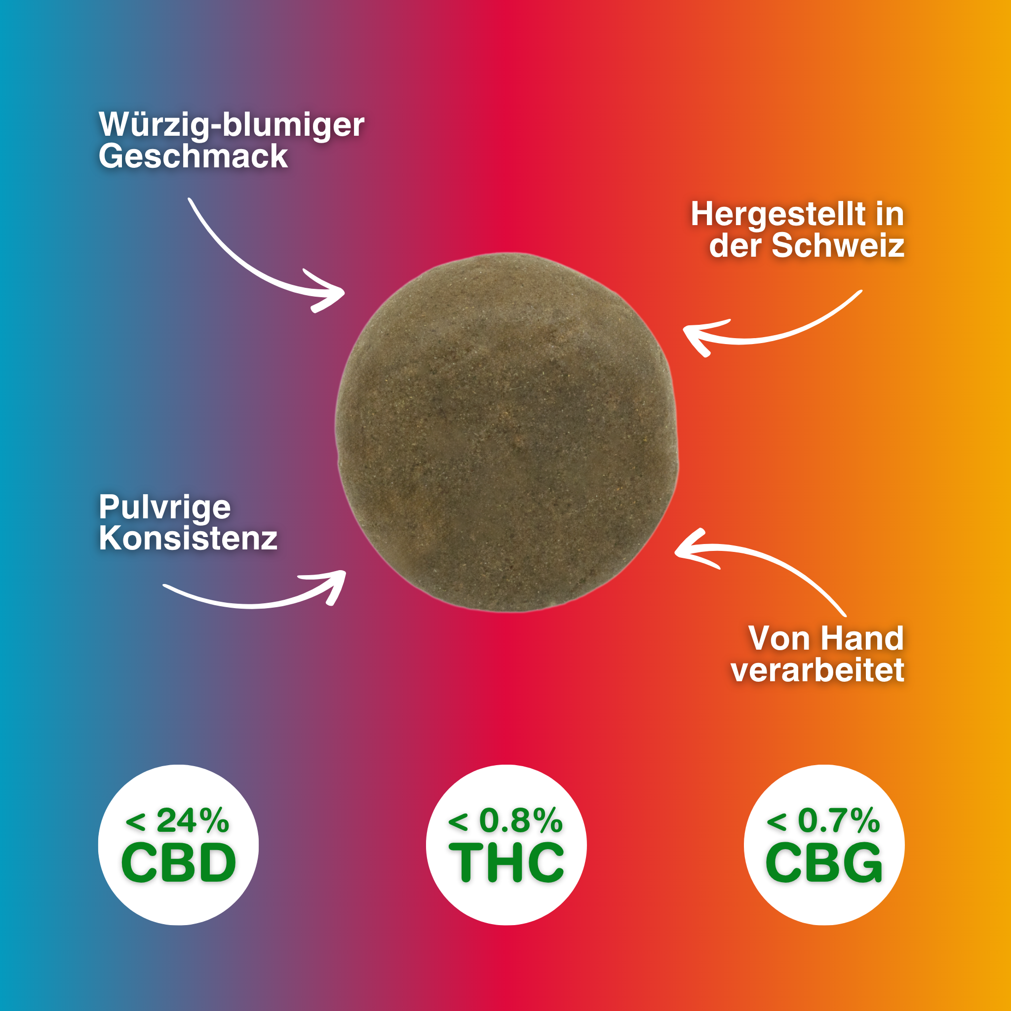 Old School CBD Hash Indoor, rund und pulverig, handverarbeitet in der Schweiz, mit würzig-blumigem Geschmack, enthält <24% CBD, <0,8% THC.