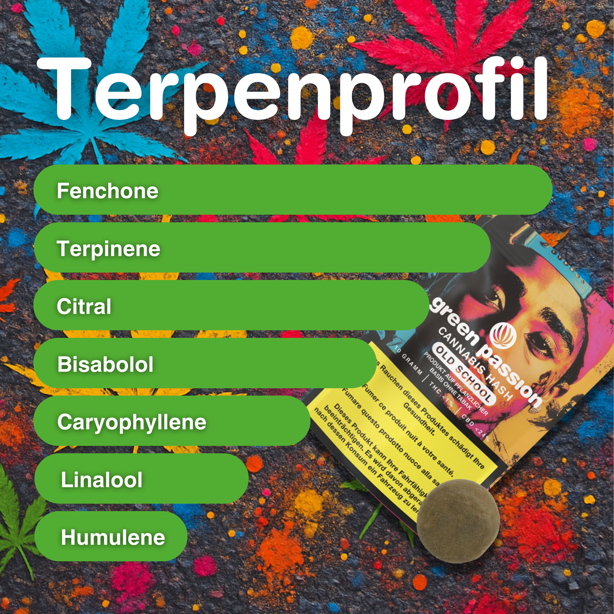 Profil terpénique de Old School Hash de CBD Indoor, feuilles colorées en arrière-plan, emballage du produit et boule de hasch visibles.