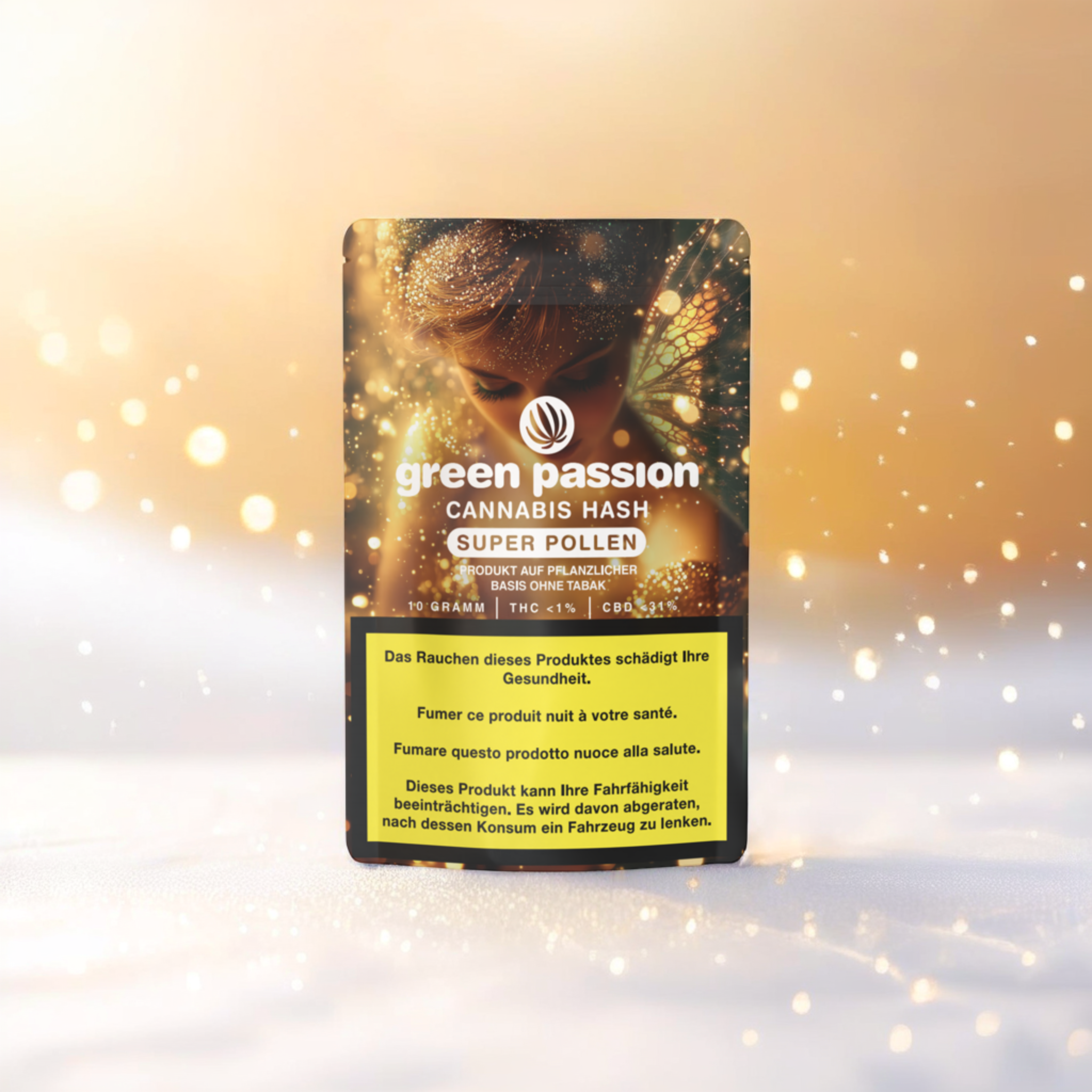Emballage élégant du Green Passion Super Pollen CBD Hash. 10g de hash premium avec moins de 1 % de THC et 31 % de CBD – finition de haute qualité.
