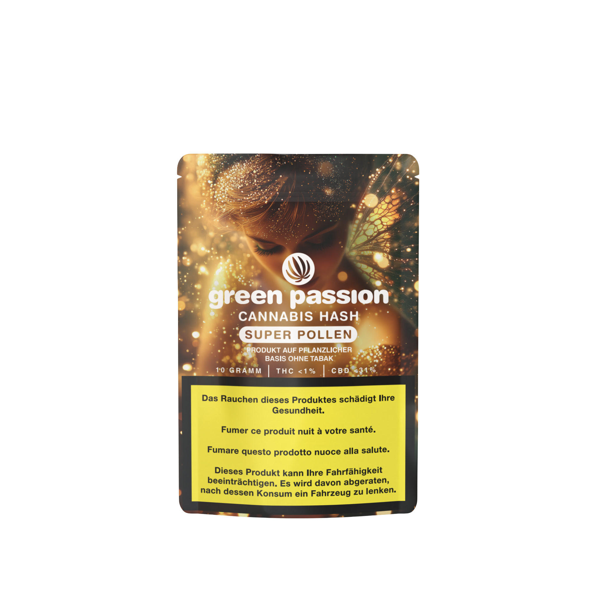Super Pollen CBD Hash de Green Passion – emballage élégant avec du hash CBD de haute qualité. 10g, moins de 1% de THC, 31% de CBD.
