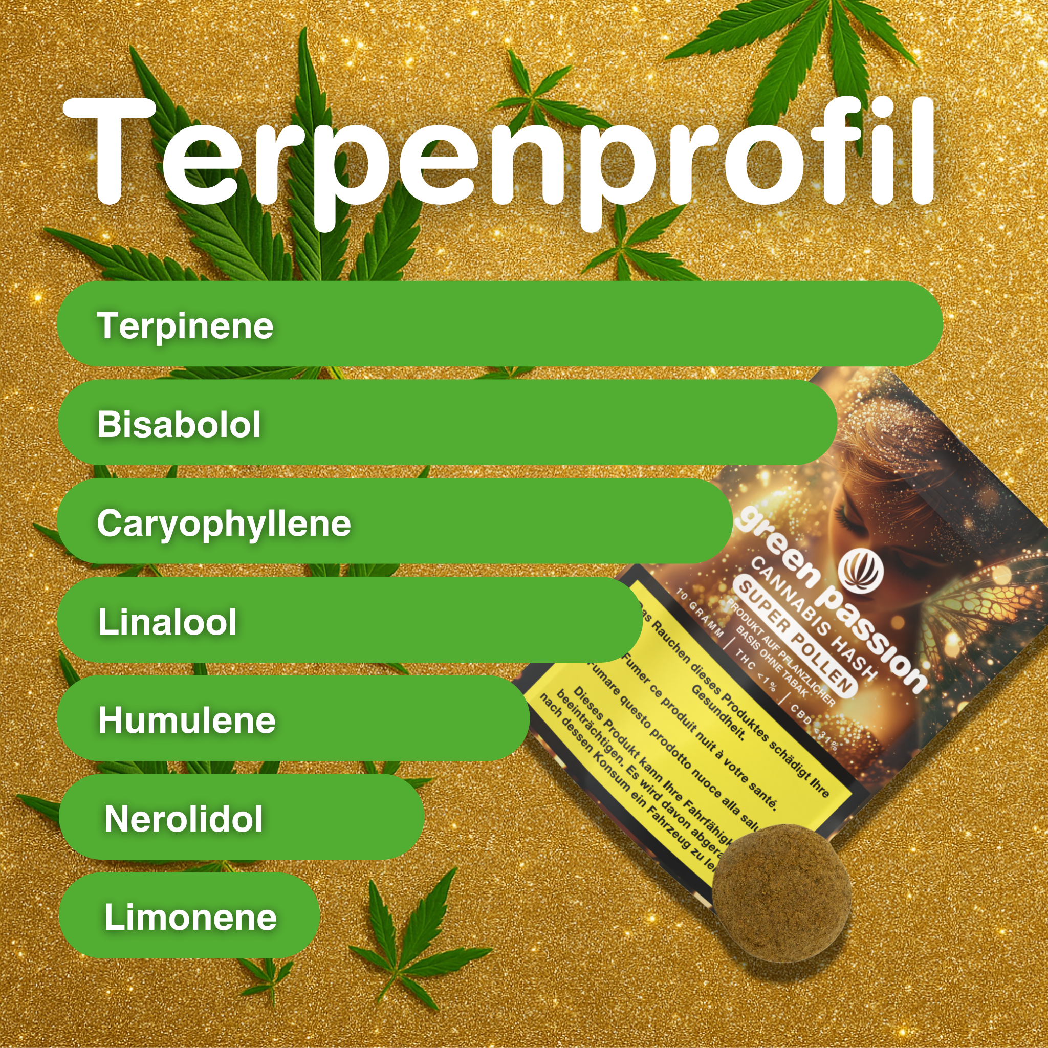 Super Pollen Hash de CBD Indoor sur fond doré avec profil terpénique et feuilles de cannabis, emballage du produit visible.
