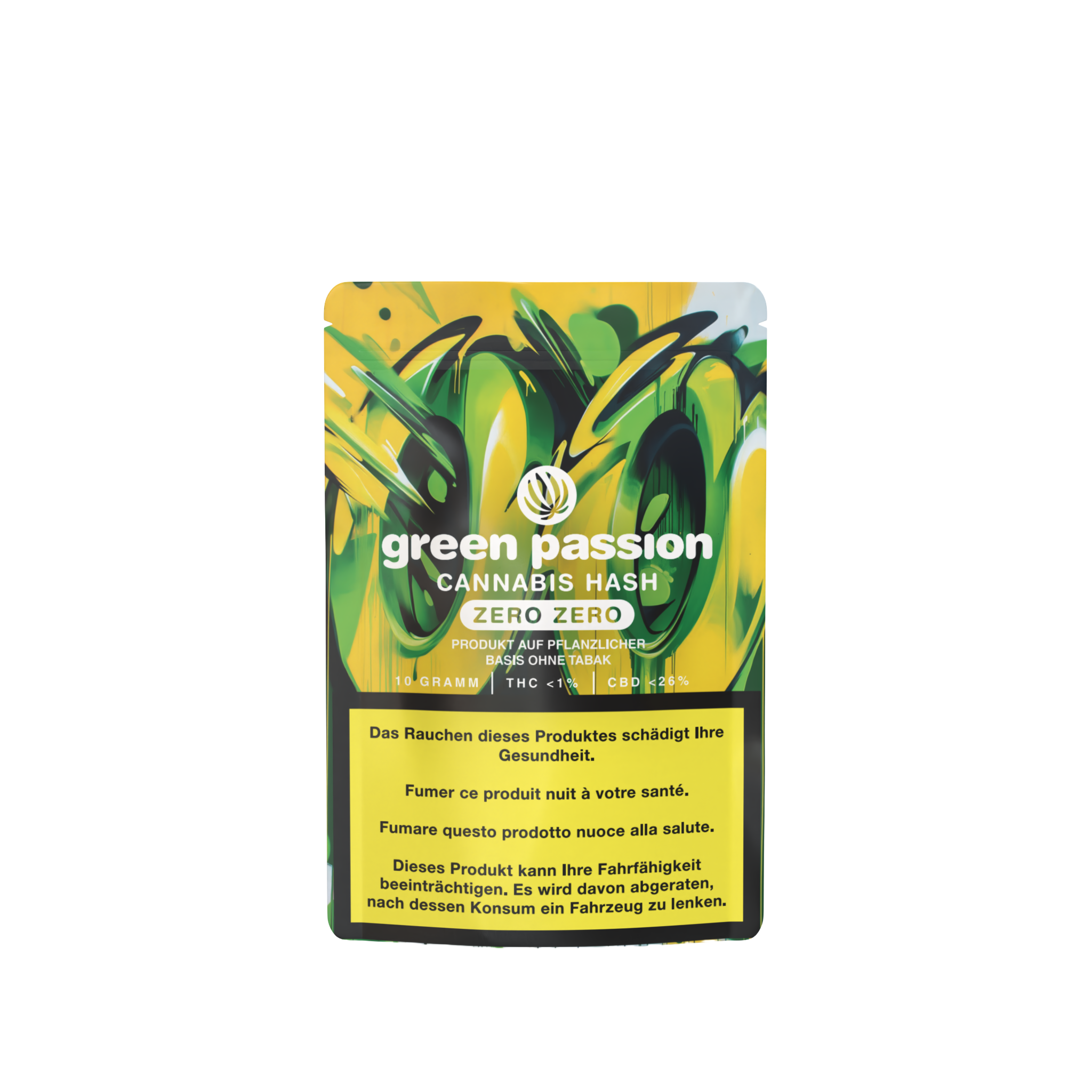 CBD hash Zero Zero de Green Passion dans un emballage scellé. 10g de hasch premium issu de culture indoor avec moins de 1% de THC et 26% de CBD.