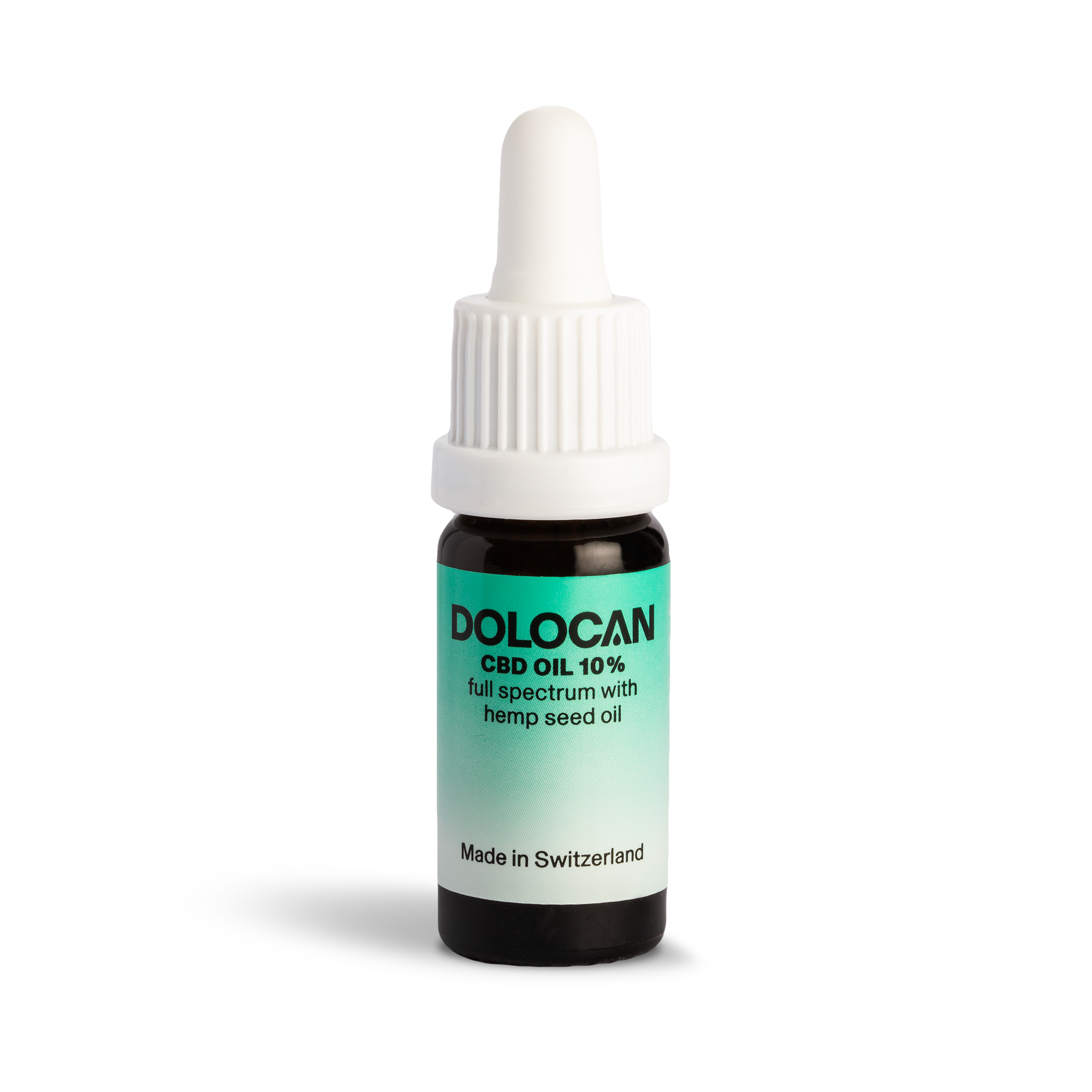 Huile de CBD 10 % à spectre complet avec huile de graines de chanvre, flacon de 10 ml avec pipette, sur fond blanc, produit de Suisse.