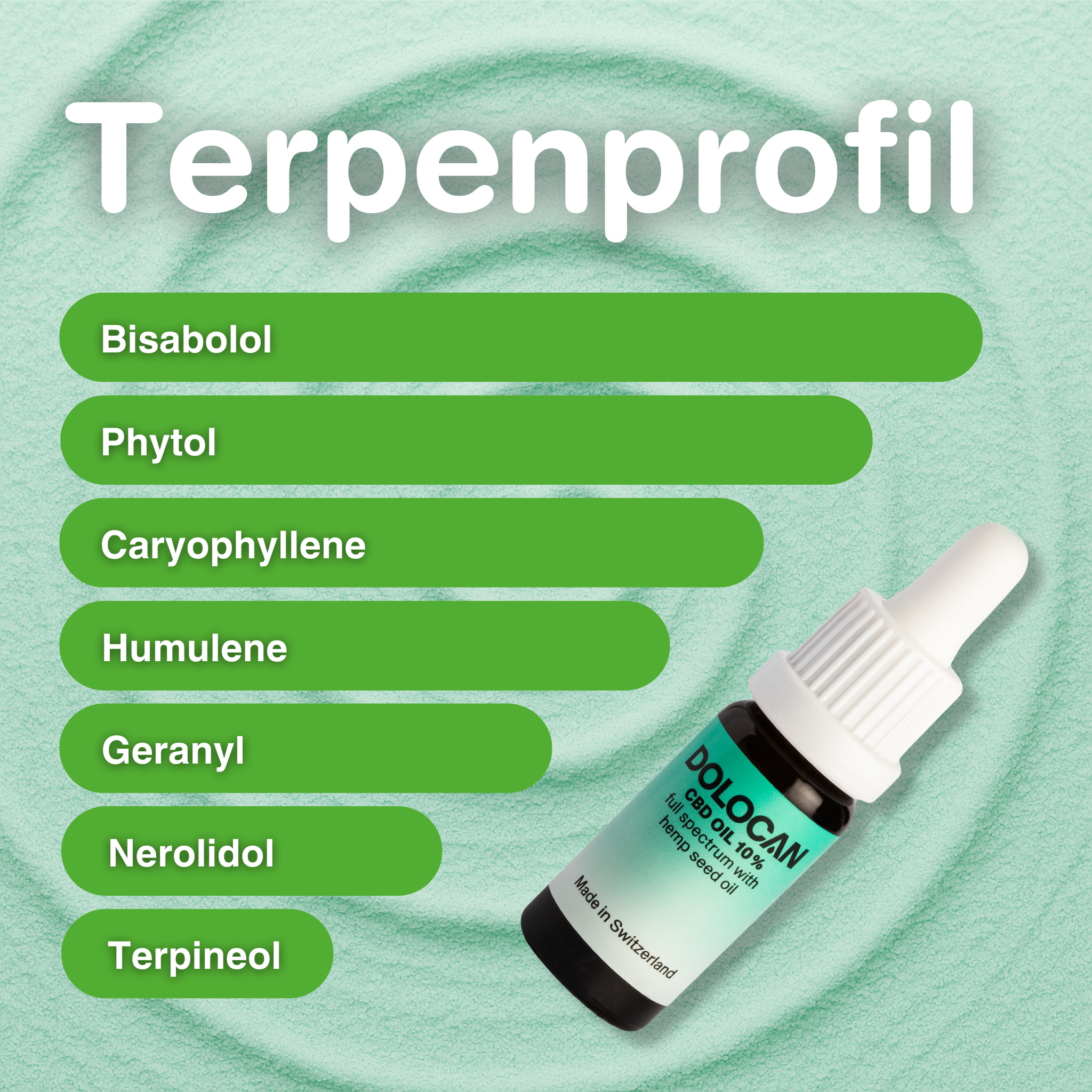Flacon d'huile CBD 10 % à spectre complet devant un fond vert avec détails du profil terpénique comme le bisabolol et le caryophyllène, mettant en avant des ingrédients naturels.
