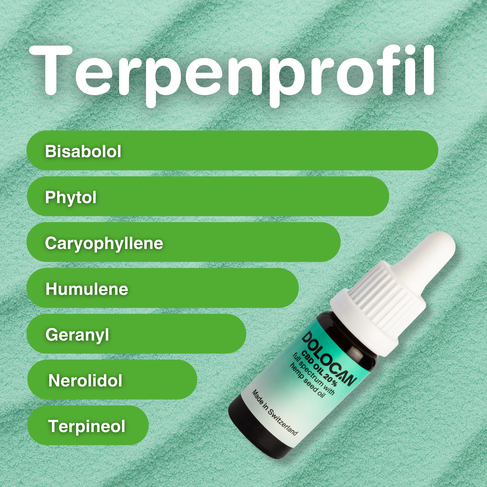 L'image montre une bouteille de 20 % d'huile de CBD full spectrum avec de l'huile de graines de chanvre, 10 ml, à côté d'un profil de terpènes sur un fond vert.