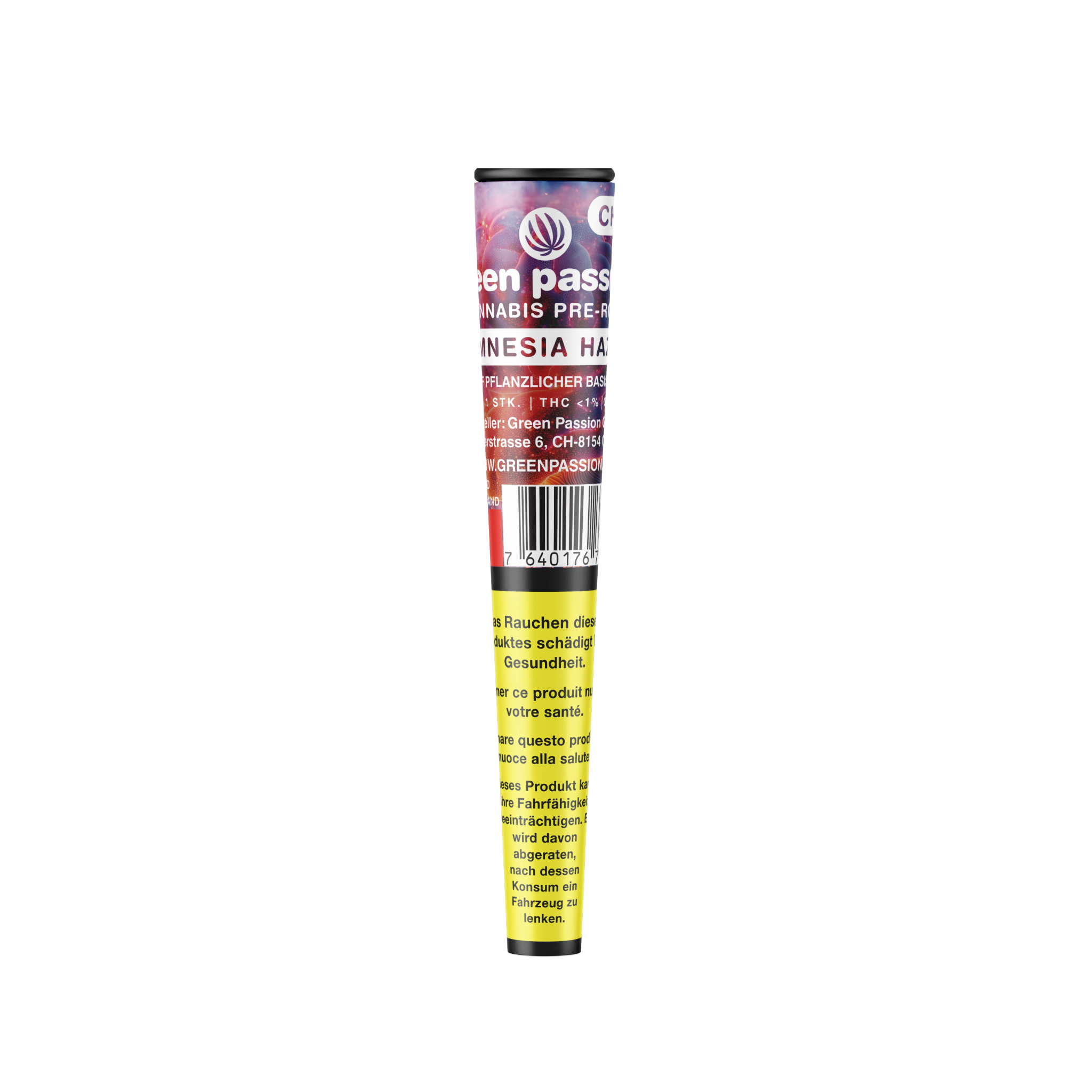 Emballage du CBD Pre-Roll Amnesia Haze de Green Passion – Joint CBD suisse indoor de haute qualité, emballé avec soin, arôme naturel, fumée douce et moins de 1 % de THC