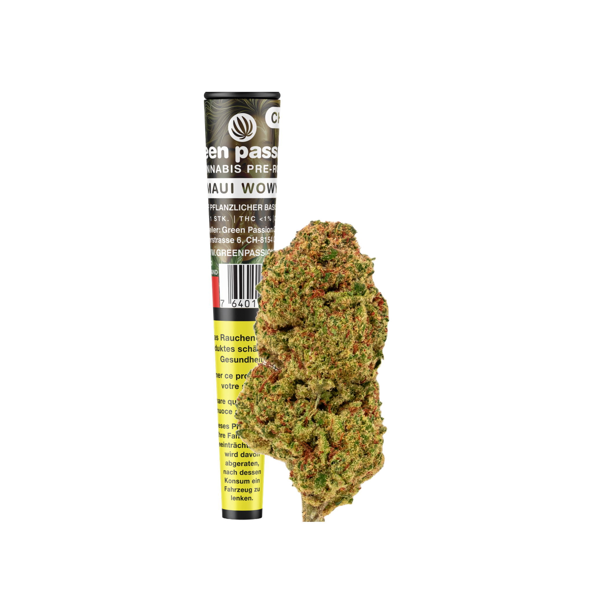 Pré-roulés CBD Maui Wowy – qualité indoor suisse de Green Passion. Joints CBD de haute qualité avec un arôme tropical, emballés dans un tube pratique.