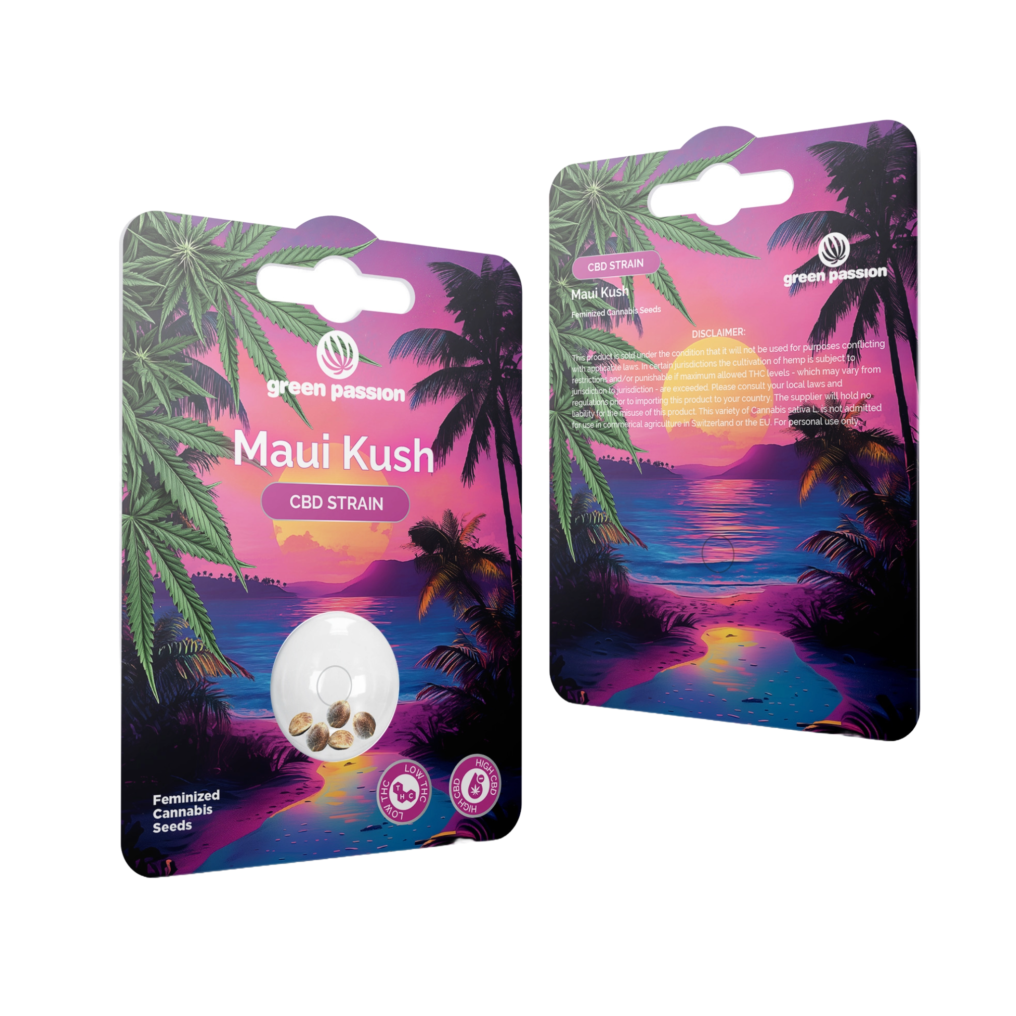Maui Kush CBD Samen von Green Passion – feminisierte Hanfsamen in stylischer Verpackung mit tropischem Strand-Design für besten CBD-Genuss.