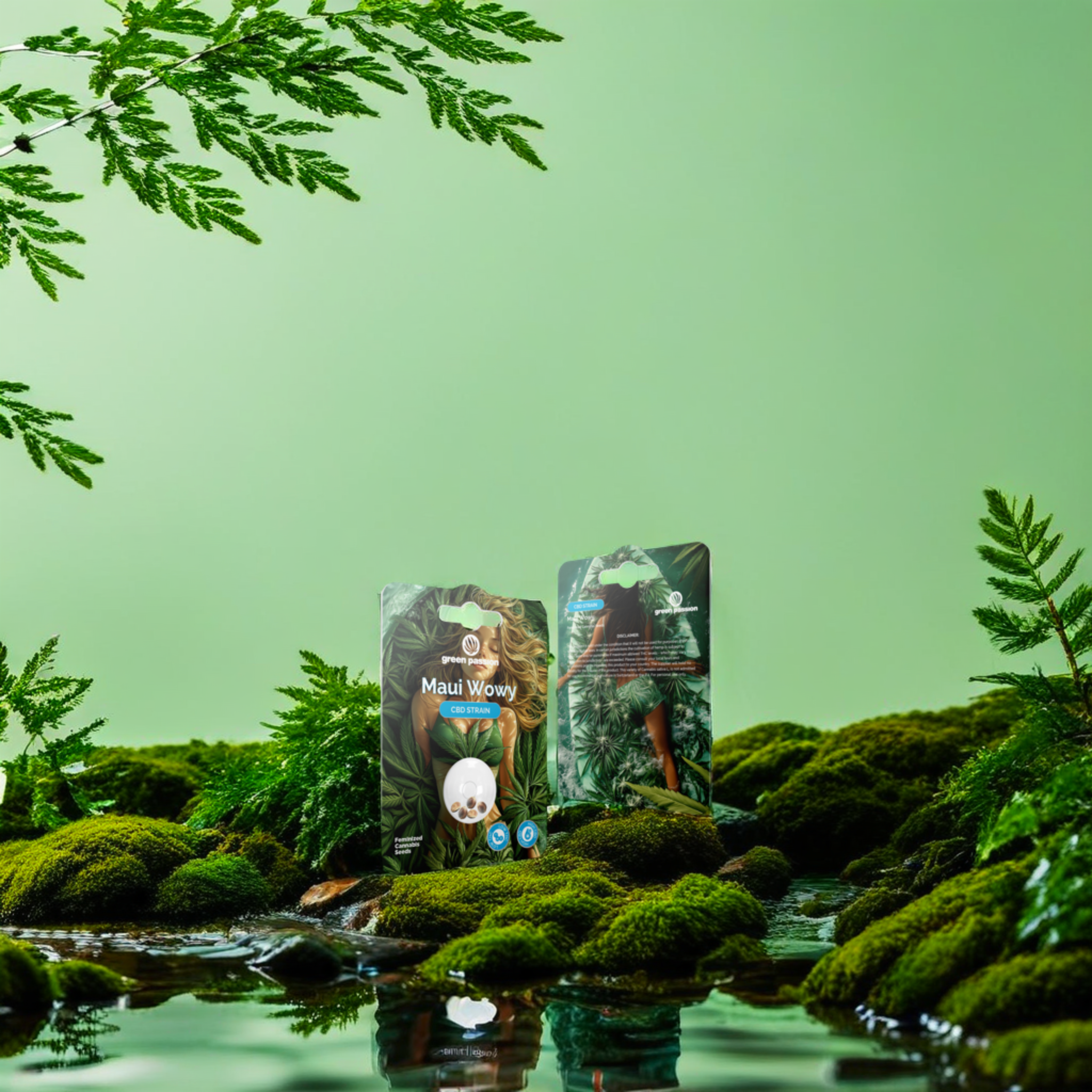Green Passion Maui Wowy CBD Samen – feminisierte Hanfsamen im auffälligen Verpackungsdesign mit exotischen Pflanzen und tropischer Ästhetik.