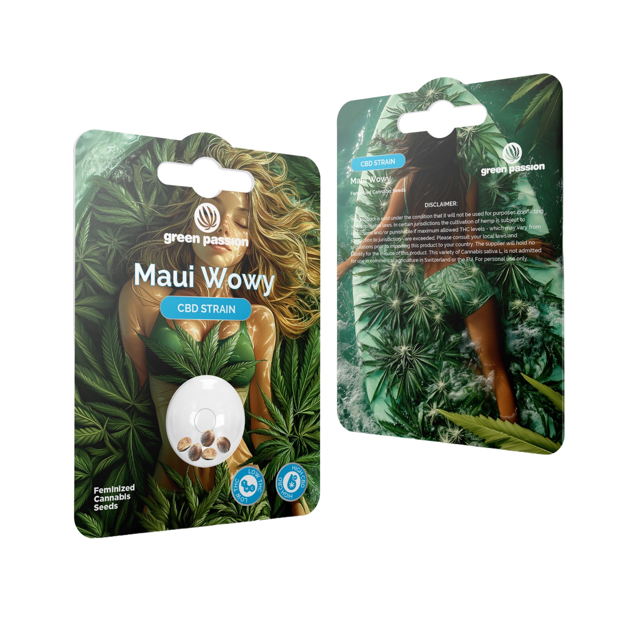 Maui Wowy CBD Samen von Green Passion – feminisierte Hanfsamen mit hochwertigem Design, inspiriert von Cannabis-Blättern und tropischen Vibes.
