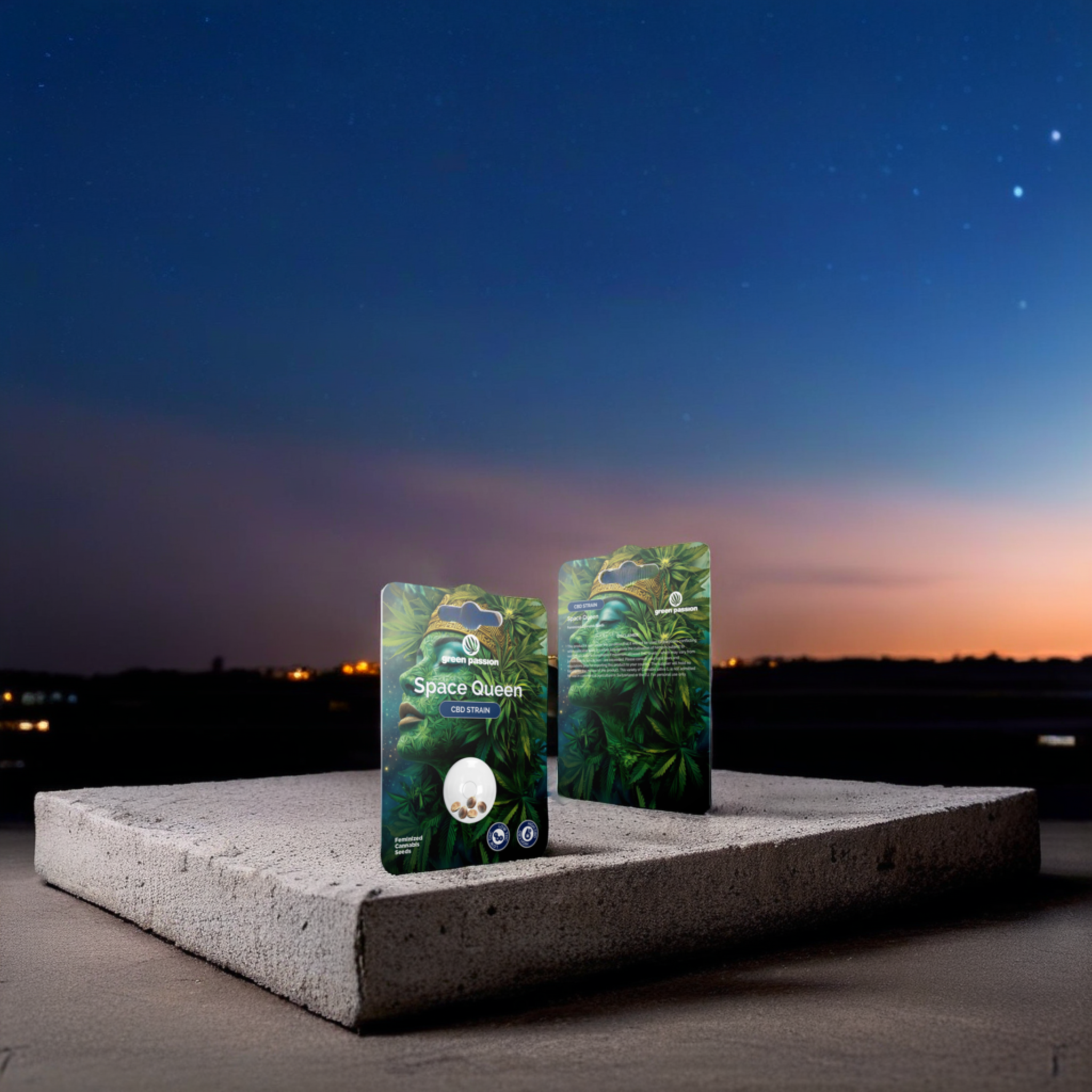 Green Passion Space Queen CBD Samen – feminisierte Hanfsamen in galaktischem Design mit Hanfblatt-Muster für höchste Qualität und besten Anbau