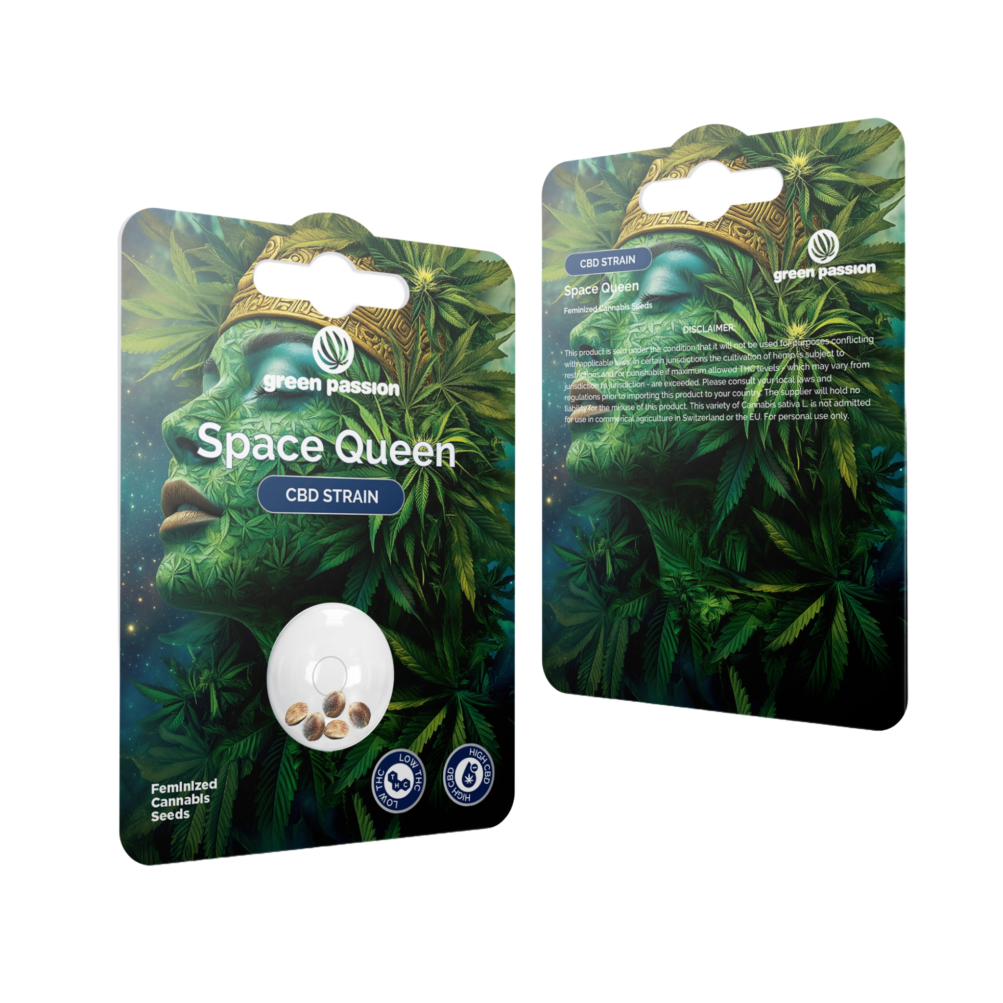 Space Queen CBD Samen von Green Passion – feminisierte Hanfsamen in mystischer Verpackung mit Hanfblättern und spacigem Design für besondere Ernten.