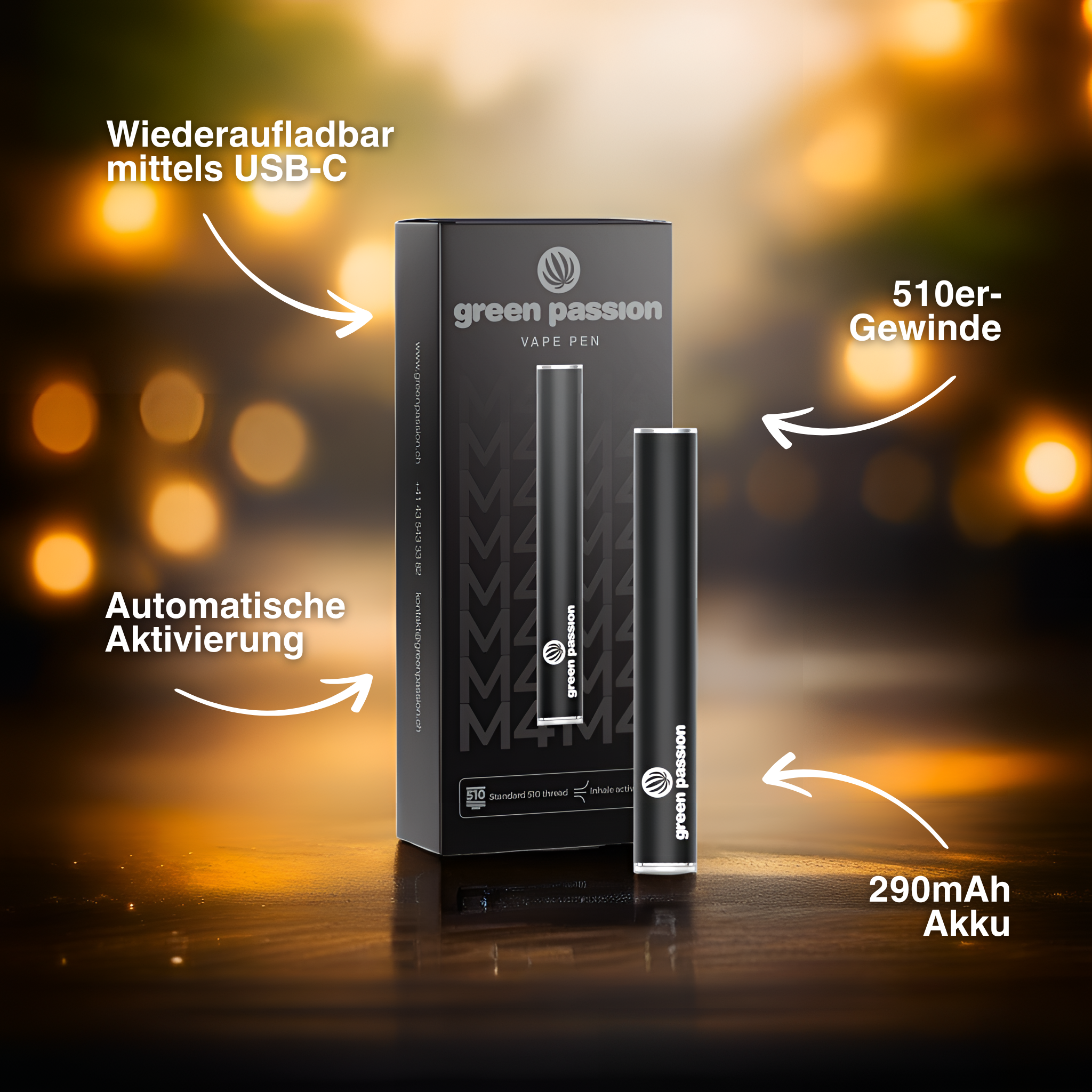 Schwarzer CBD Vape-Pen vor Verpackung, mit USB-C-Ladeoption, 510er-Gewinde, automatischer Aktivierung und 290mAh Akku, auf Holztisch.