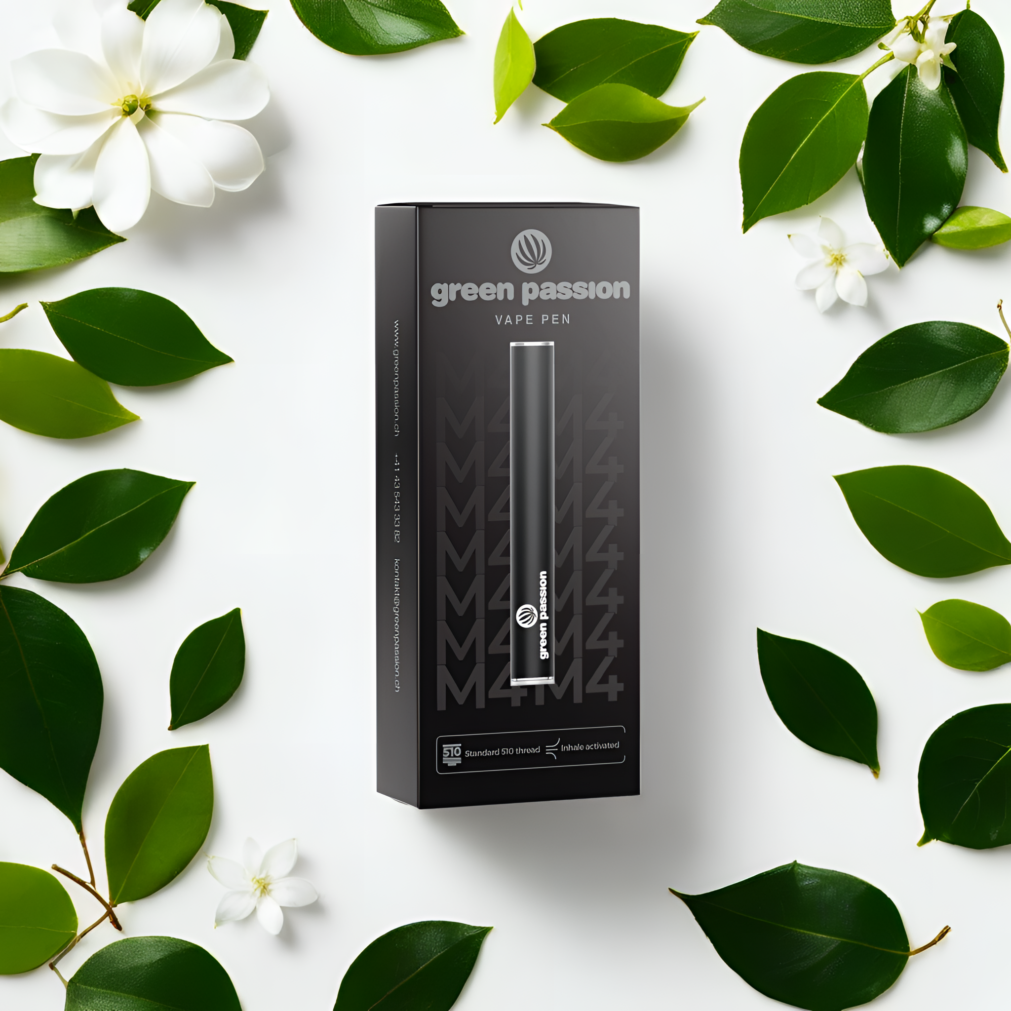 Green Passion CBD Vape Batterie Pen de 290 mAh – élégant mock-up avec feuilles, fleurs et technologie de vape CCELL.