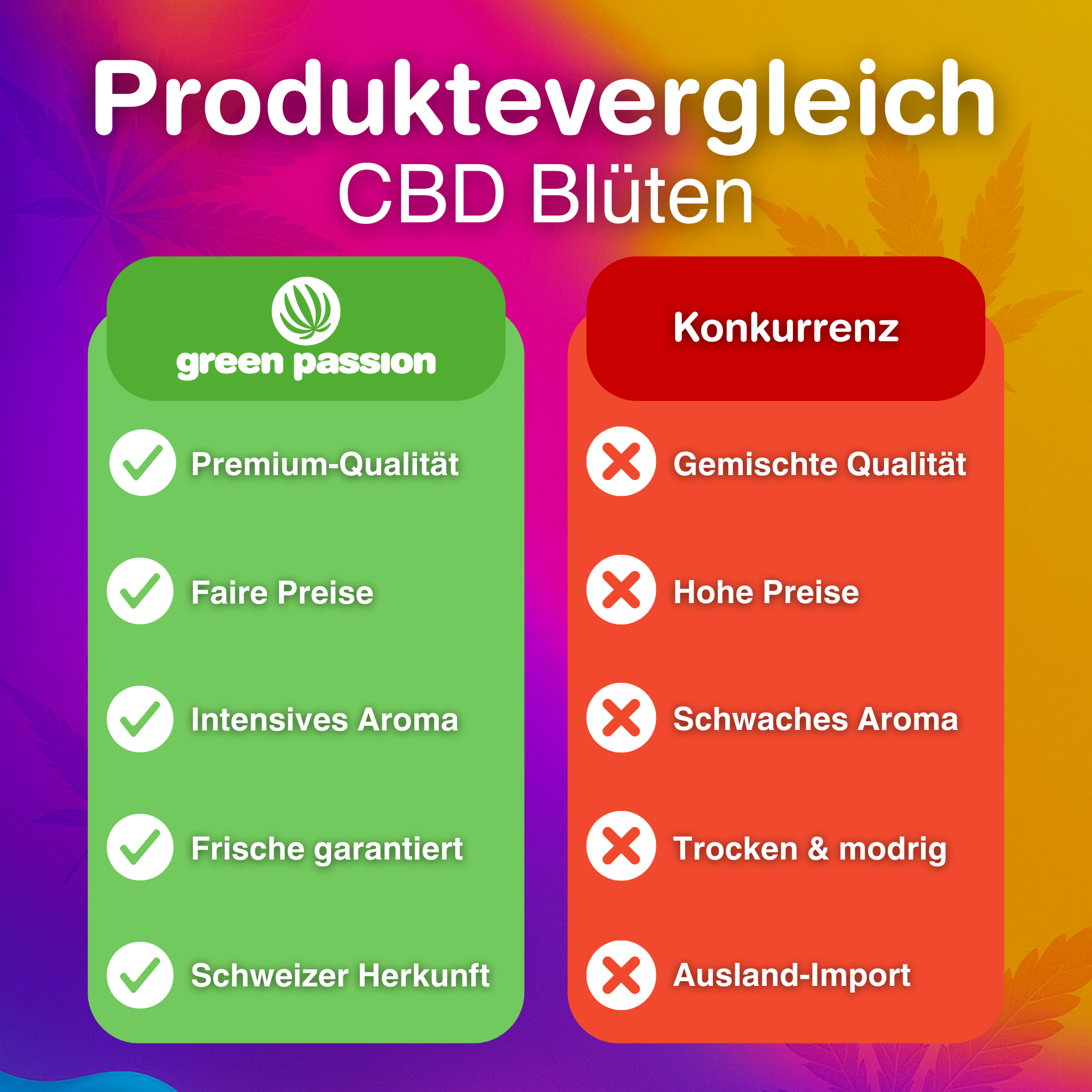 Produktvergleich von CBD Blüten: Green Passion bietet Premium-Qualität, faire Preise und Schweizer Herkunft, während die Konkurrenz in Qualität und…